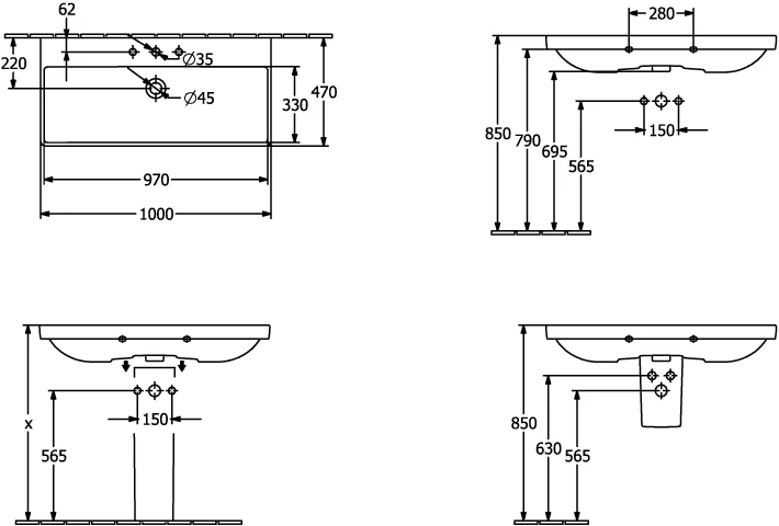 Villeroy & Boch Avento Schrankwaschtisch 1000x470mm Rechteck 1HL. mit Überlauf Weiß Alpin