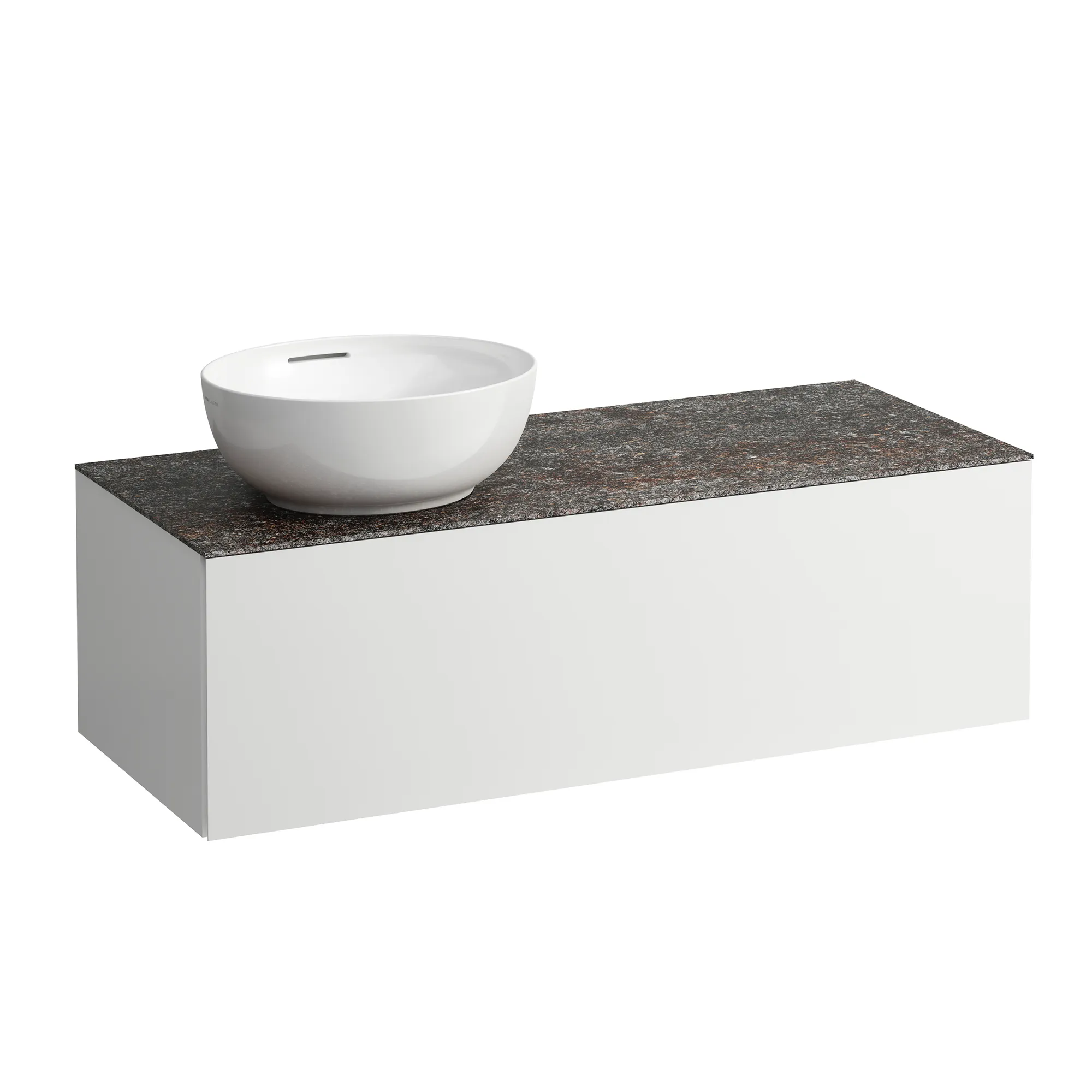 Schubladenelement (WT-Unterbau+WT-Platte) ILBAGNOALESSI 500x1200x370 1 Schublade integrierte versteckte Griffe seitlich Vollauszug Soft-Close Ausschnitt links Marrone Naturale Top inkl. gebohrtes Hahnloch passend zu Waschtisch H818975/6 Weiß matt