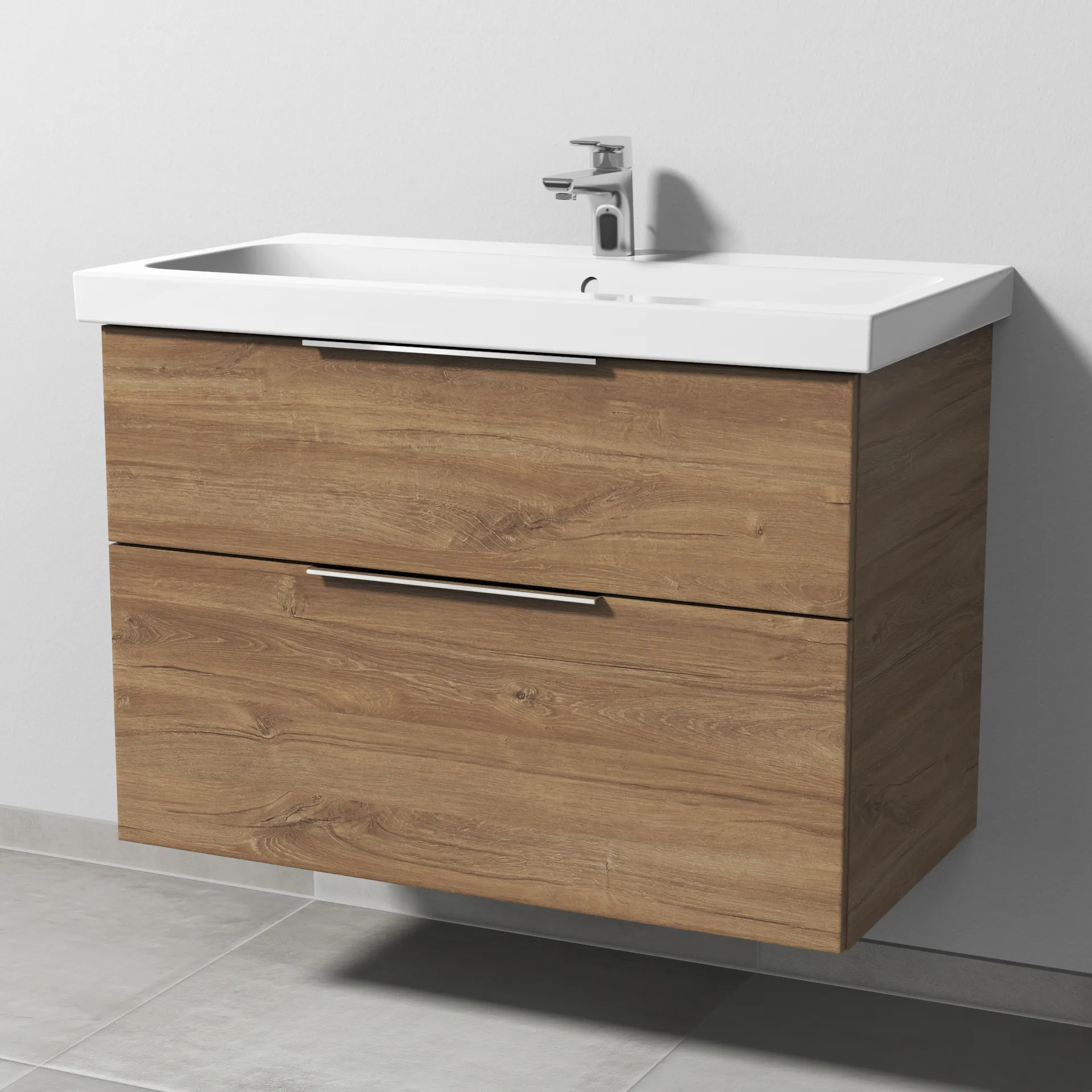 Sanipa Waschtischunterschrank „3way“ passend zu Keramik-Waschtische iCon Light von Geberit 850 × 591 × 462 mm in Eiche Kansas, Becken mittig, mit