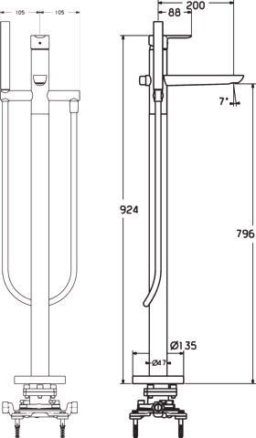 HA Einhebelmischer Badebatterie mit Standrohr HANSALIGNA 0646 1-strahlig Ausladung 200 mm DN15 Chrom