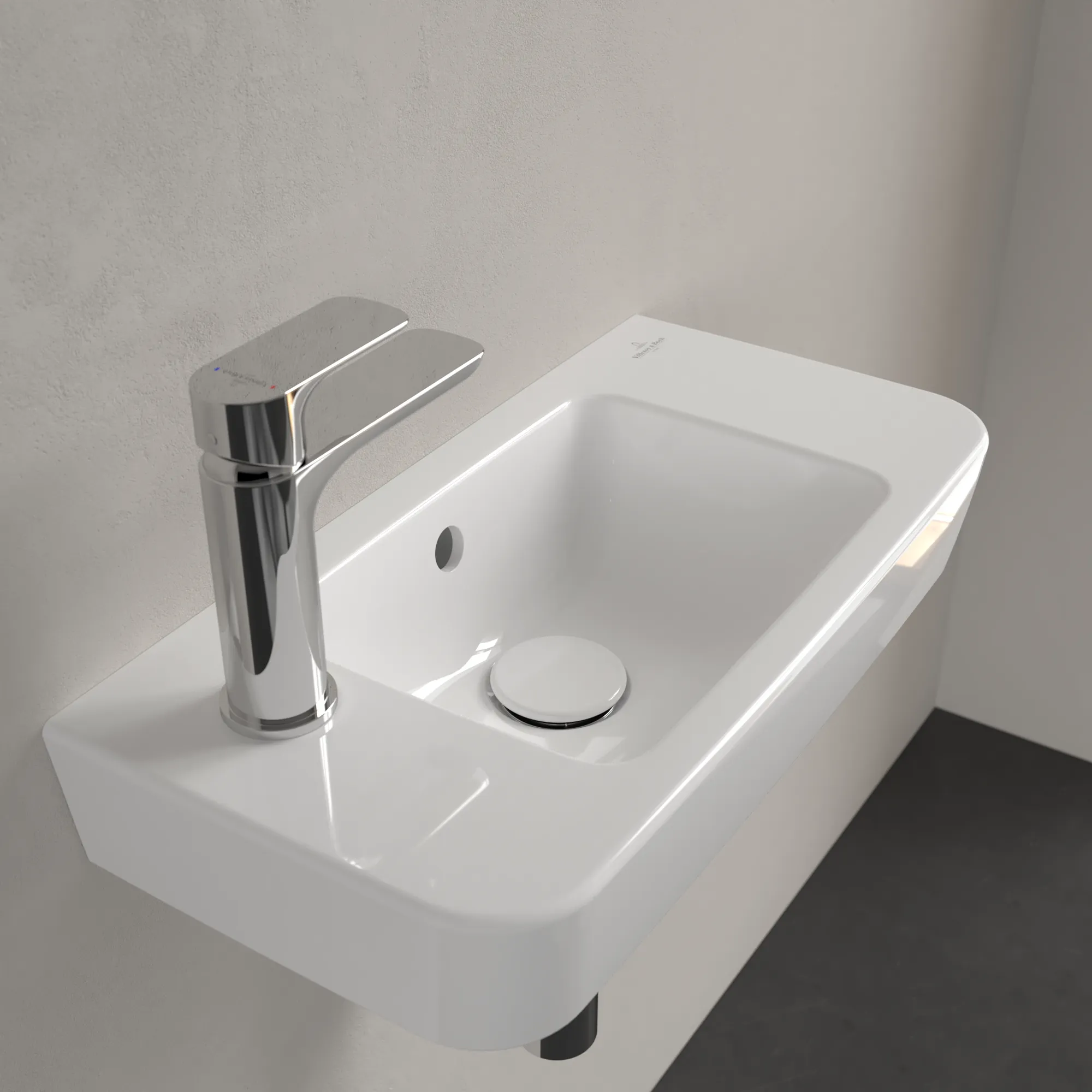 Villeroy & Boch Handwaschbecken „O.novo“ Compact 500 × 250 × 145 mm, für Becken mittig, mit Hahnlochbohrung, Hahnlochposition links in Weiß Alpin