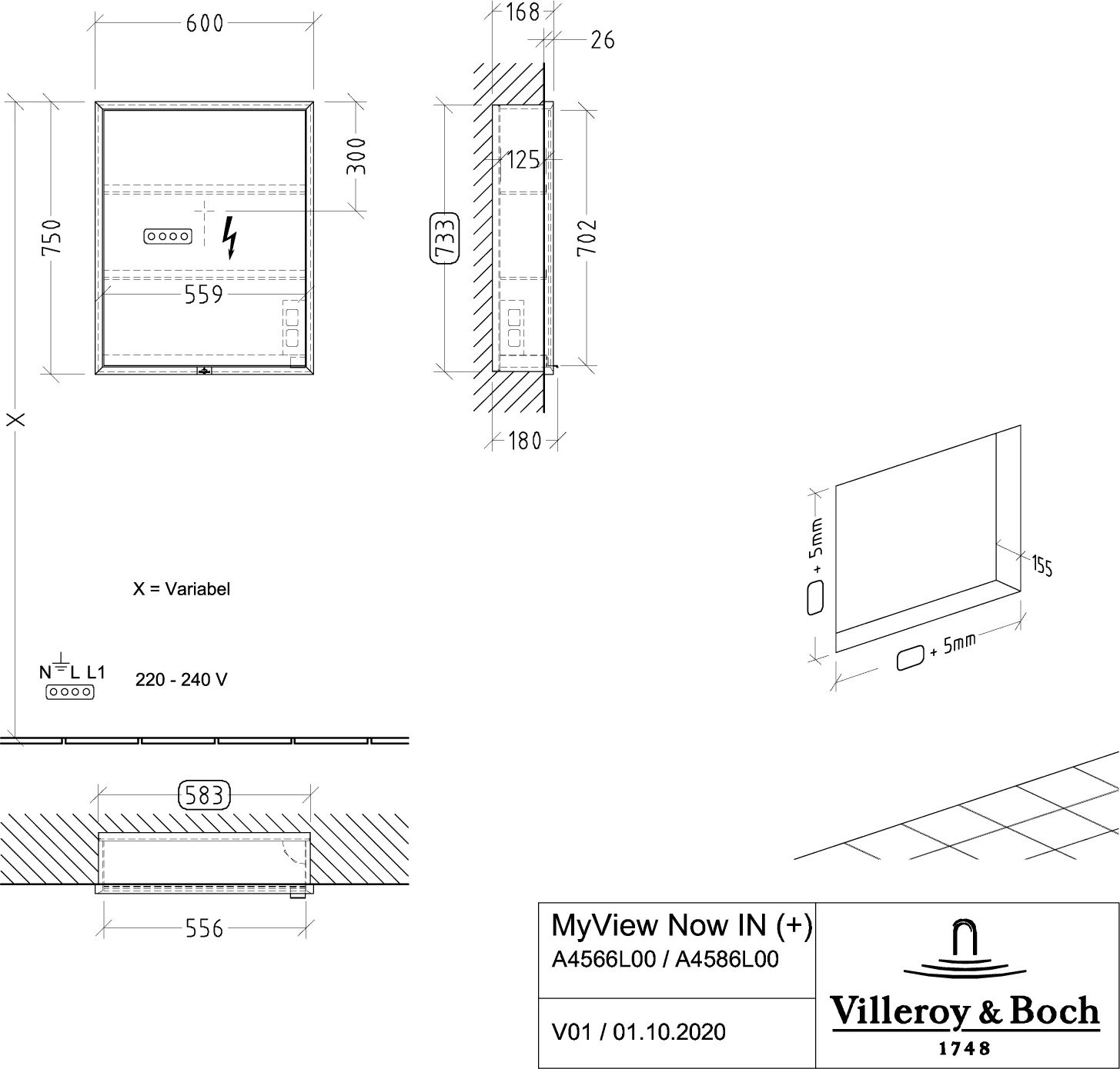Villeroy & Boch Einbau-Spiegelschrank My View Now A4566L 600x750x168mm mit Beleuchtung Villeroy & Boch Einbau-Spiegelschrank My View Now A4566L 600x750x168mm mit Beleuchtung