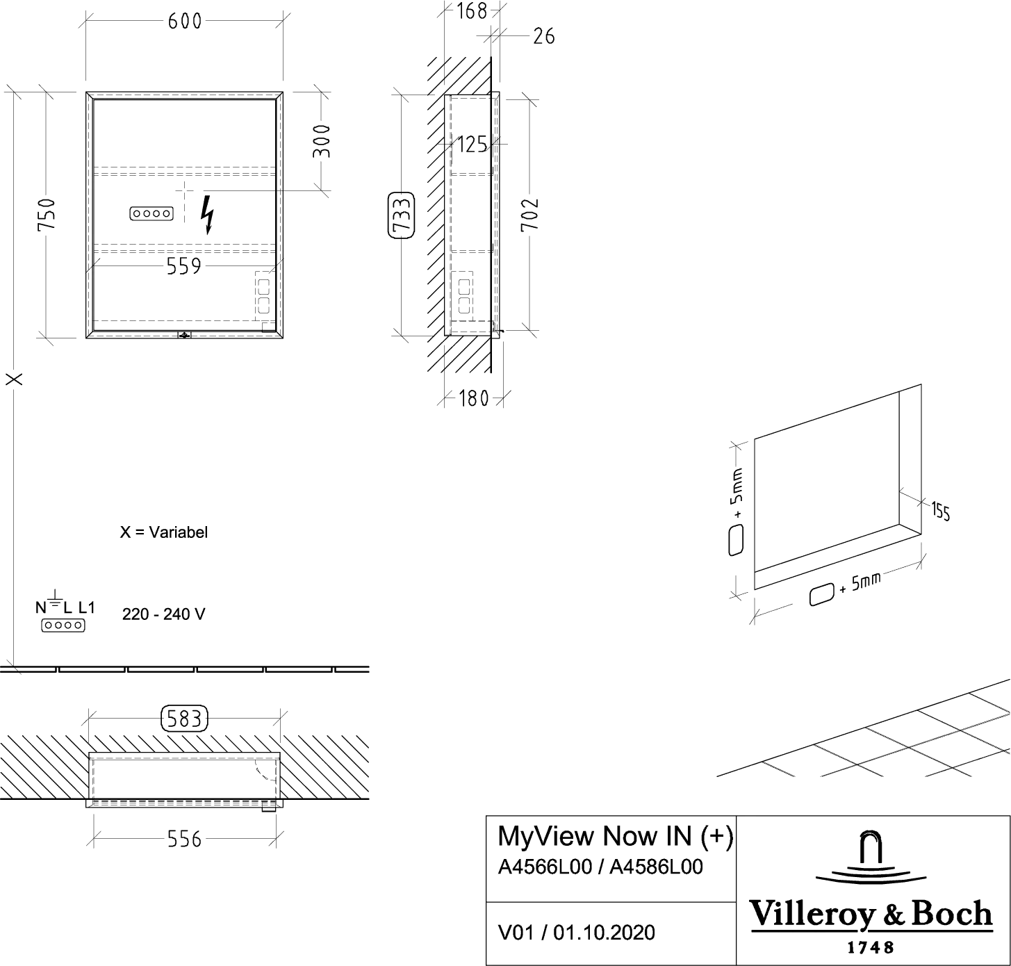 Villeroy & Boch Einbau-Spiegelschrank My View Now A4566L 600x750x168mm mit Beleuchtung