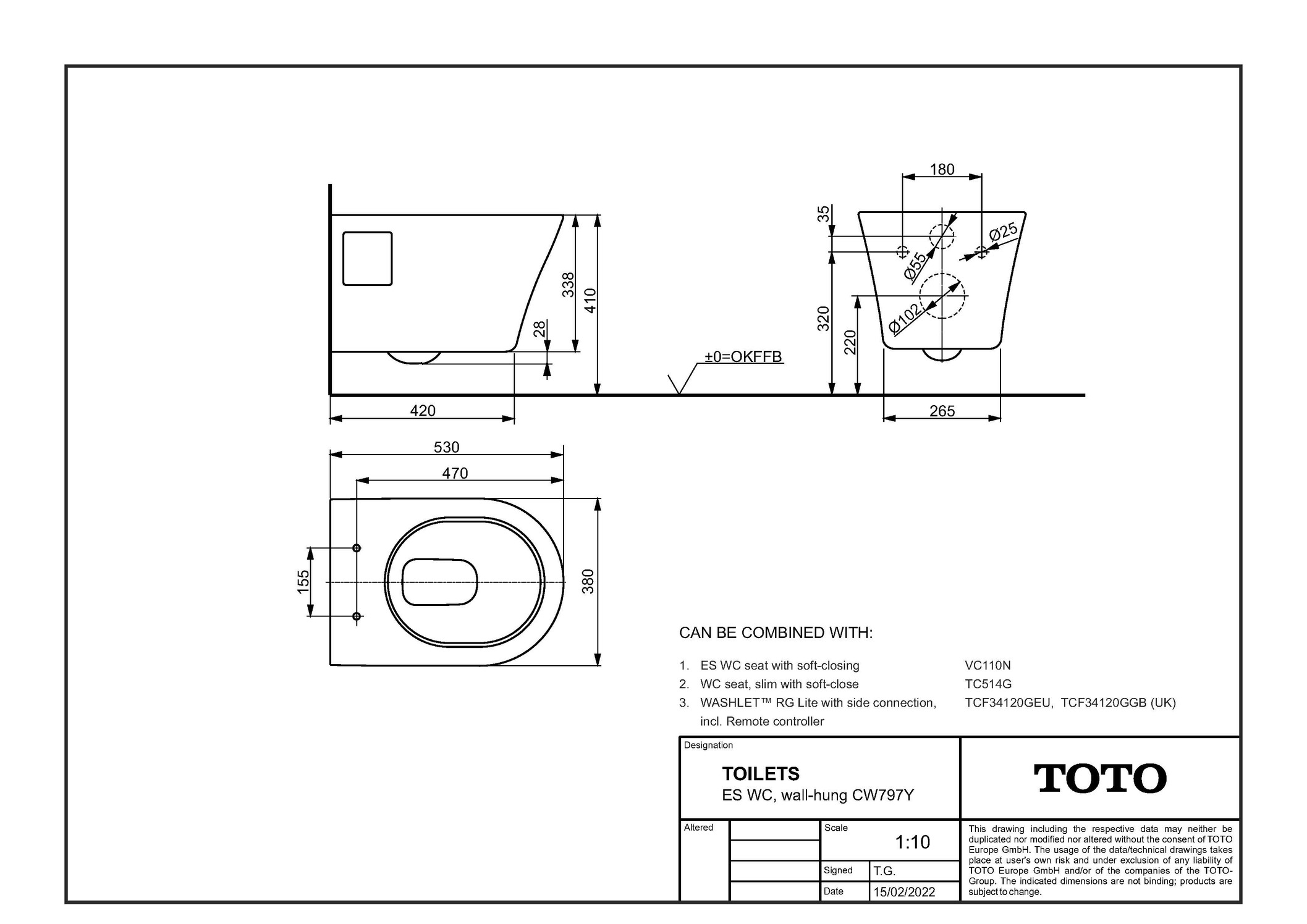 Wand-WC TOTO WC ES, wandhängend, randlos 394 × 530 × 338 mm