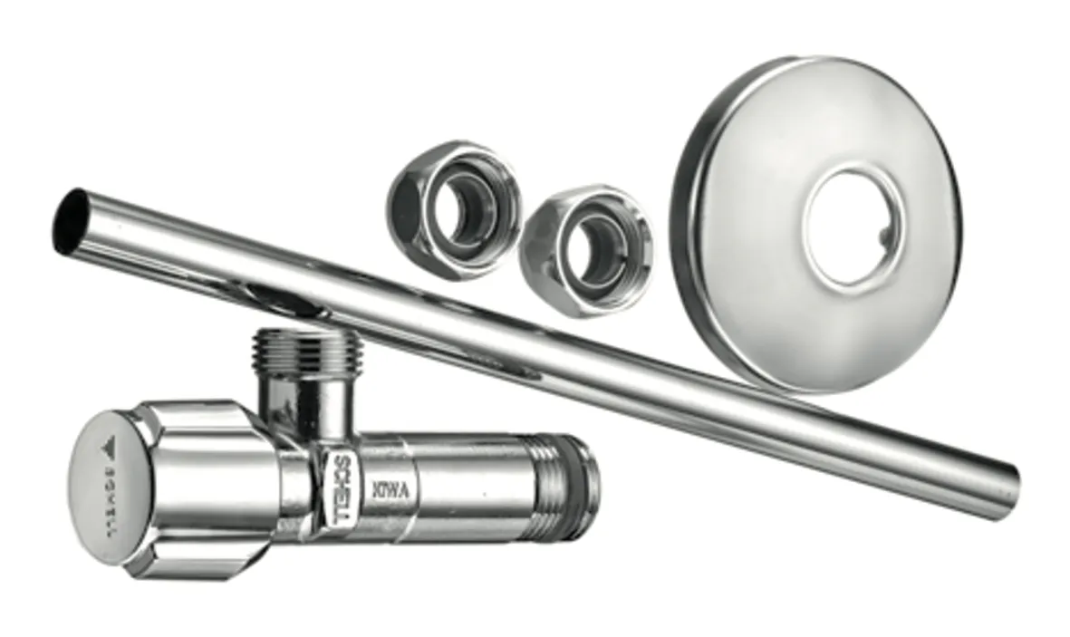 Eckventil-Set COMFORT, COMFORT-Griff, Schubrosette Ø 54 mm, DN 10 G 3/8 AG mit ASAG easy, DN 10 G 3/8 AG, chrom Eckventil-Set COMFORT, COMFORT-Griff, Schubrosette Ø 54 mm, DN 10 G 3/8 AG mit ASAG easy, DN 10 G 3/8 AG, chrom