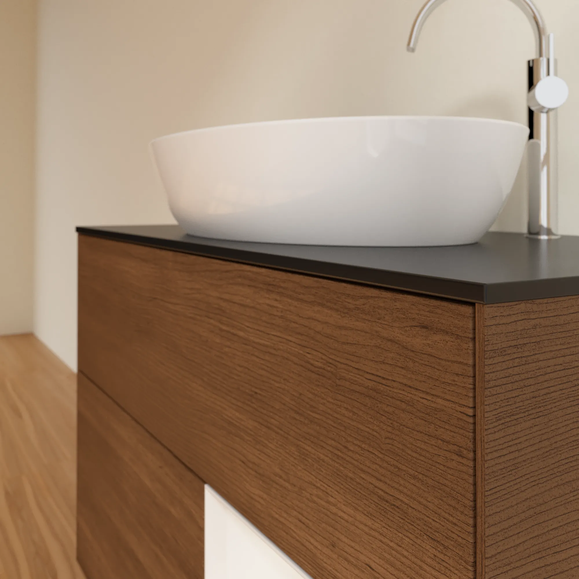 Villeroy & Boch Waschtischunterschrank „Finion“ für Schrankwaschtisch 1000 × 603 × 501 mm Walnut Veneer, für Becken mittig, mit Hahnlochbohrung Villeroy & Boch Waschtischunterschrank „Finion“ für Schrankwaschtisch 1000 × 603 × 501 mm Walnut Veneer, für Becken mittig, mit Hahnlochbohrung