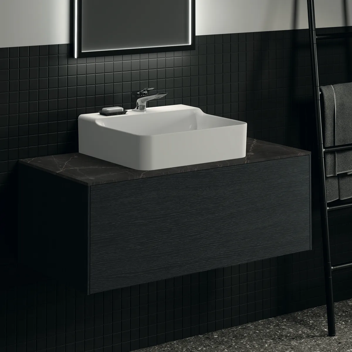 Waschtischplatte Conca, aus Keramik, 1002x505x6mm, Marmor Noir Desir