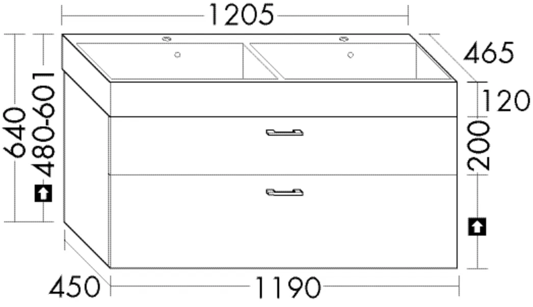 Keramik-Waschtisch Devio inkl. Waschtischunterschrank - burgbad Sys30, 465x1205x640 mm, Becken 590x332 mm, Muldentiefe 99 mm, 1 Schublade oben, 2 Siphonausschnitte