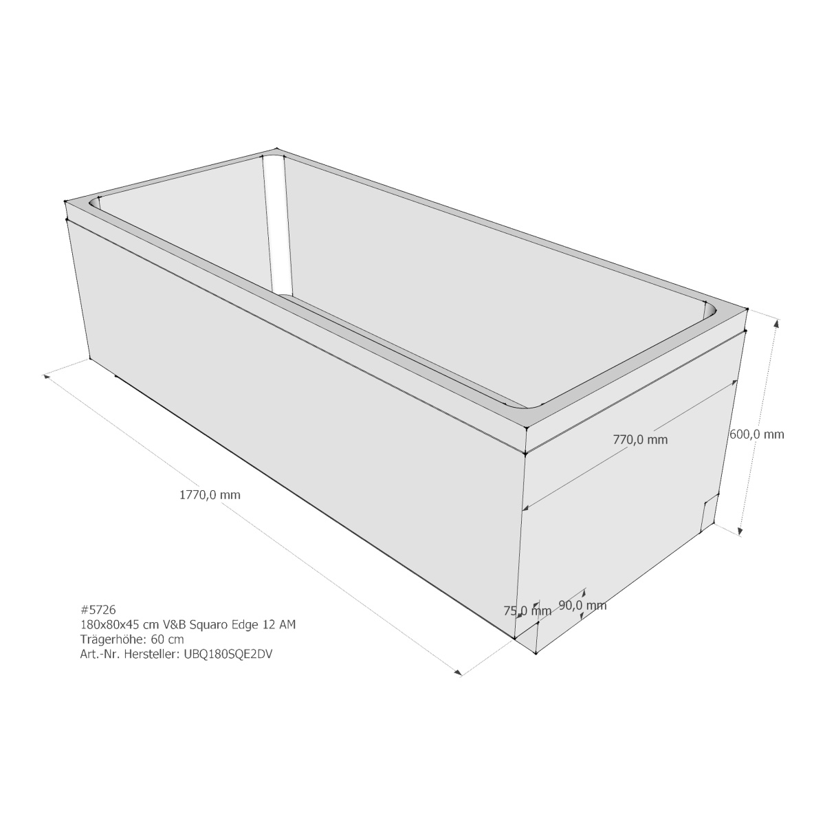 Villeroy & Boch Badewanne inkl. Wannenträger, Ab-& Überlaufgarnitur und Wasserzulauf „Squaro Edge 12“ rechteck 180 × 80 cm