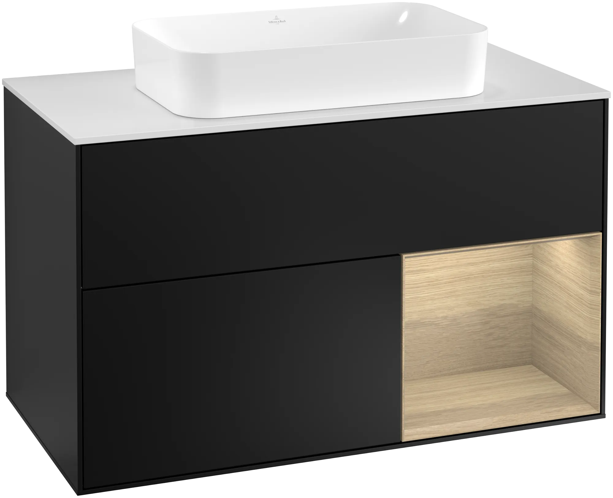 Villeroy & Boch Finion Waschbeckenunterschrank G25, 1000x603x501mm, Black Matt Lacquer / Oak Veneer / Glass White Matt