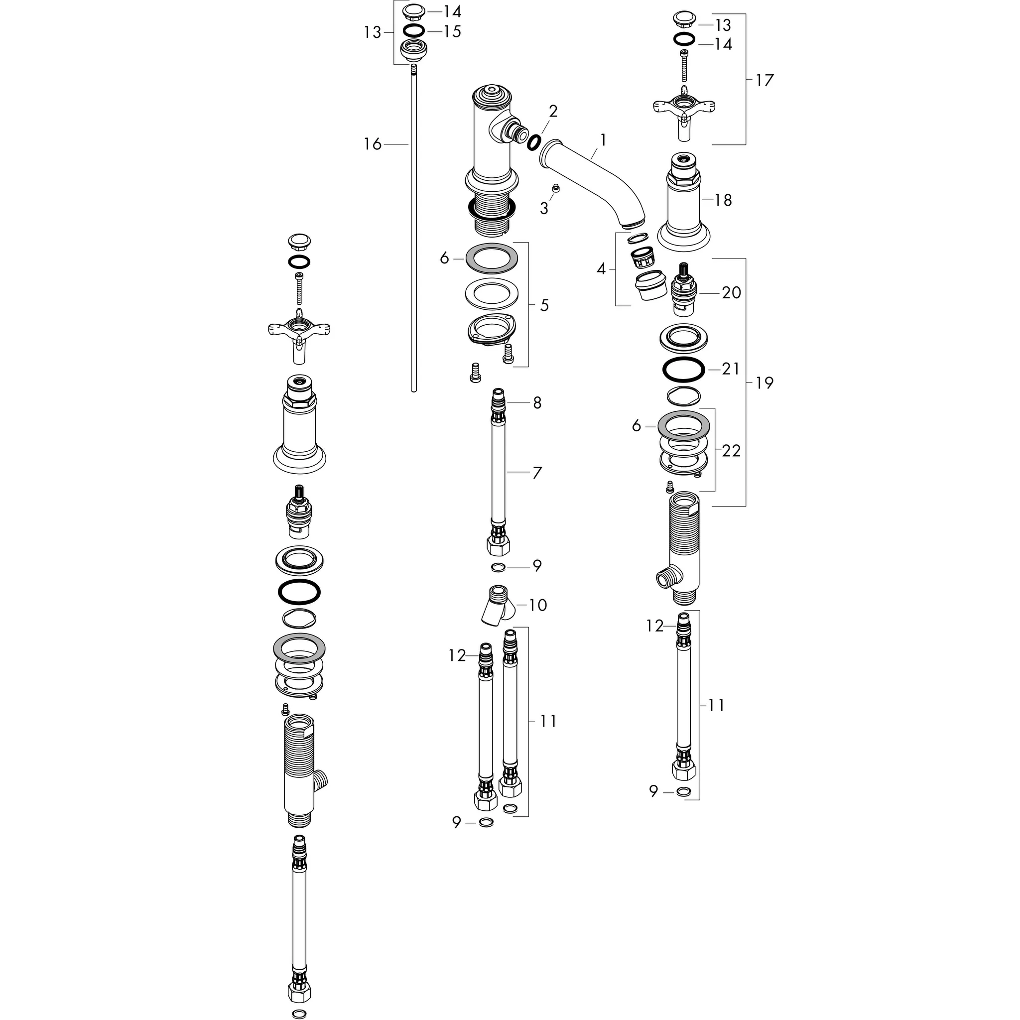 Hansgrohe AXOR Montreux 3-Loch Waschtischarmatur 30 mit Kreuzgriffen und Zugstangen-Ablaufgarnitur, Chrom Hansgrohe AXOR Montreux 3-Loch Waschtischarmatur 30 mit Kreuzgriffen und Zugstangen-Ablaufgarnitur, Chrom