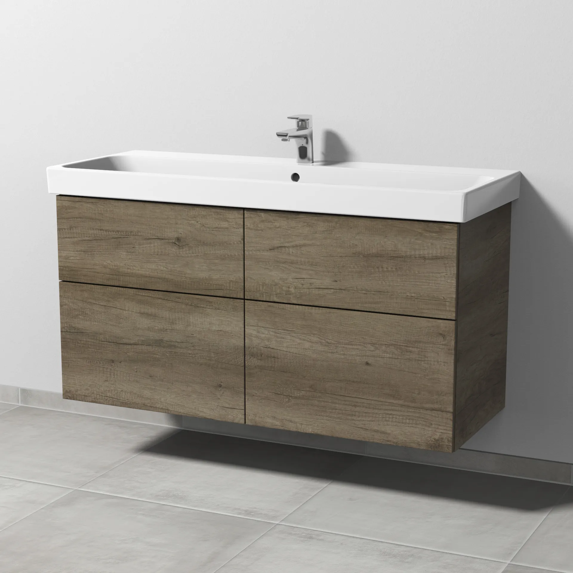 Sanipa Waschtischunterschrank „3way“ 1150 × 588 × 453 mm in Eiche Nebraska, Becken mittig, mit Hahnlochbohrung