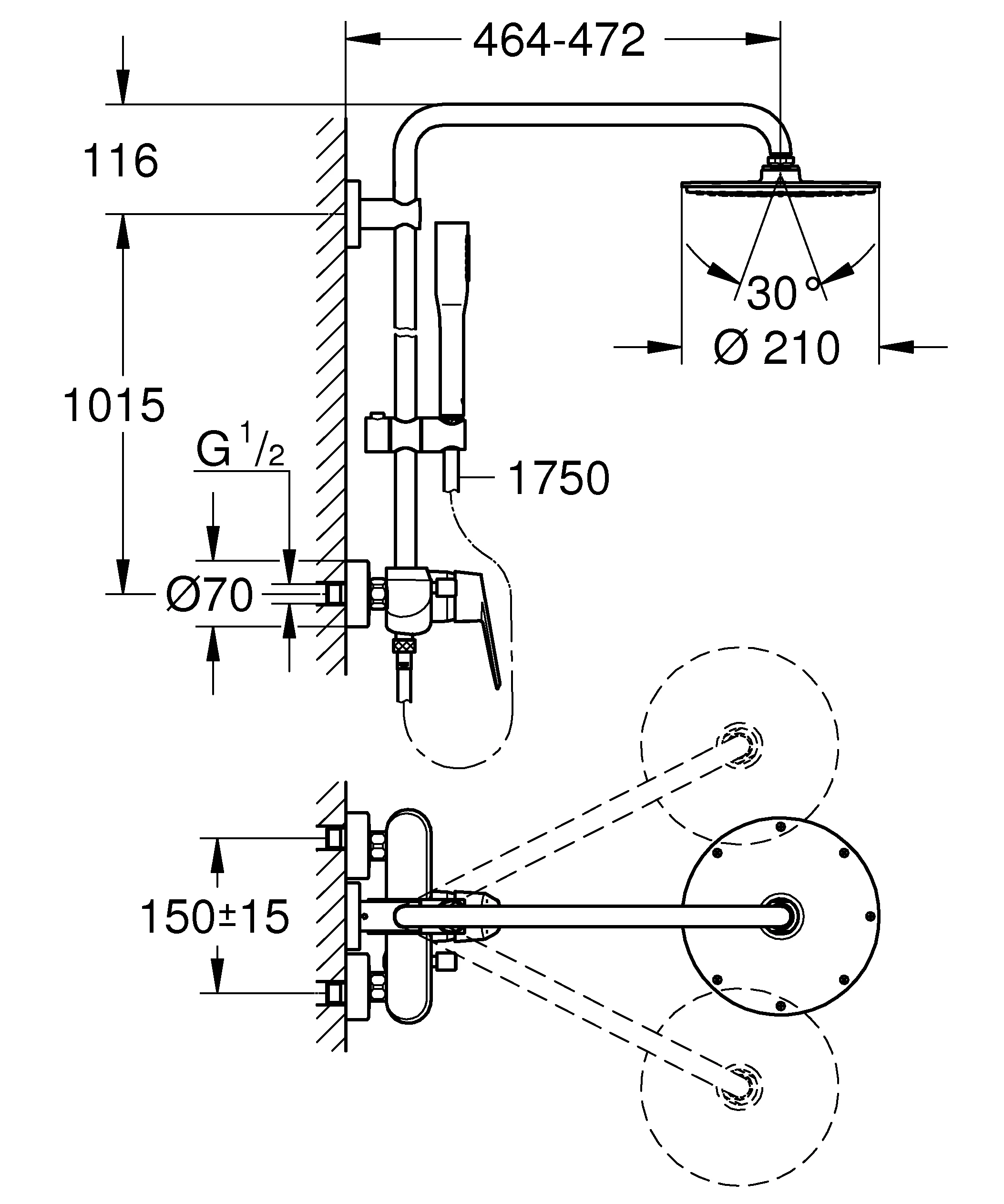 Duschsystem Euphoria Eurodisc Cosmopolitan System 210 23058_3, mit Einhandmischer, Wandmontage, chrom