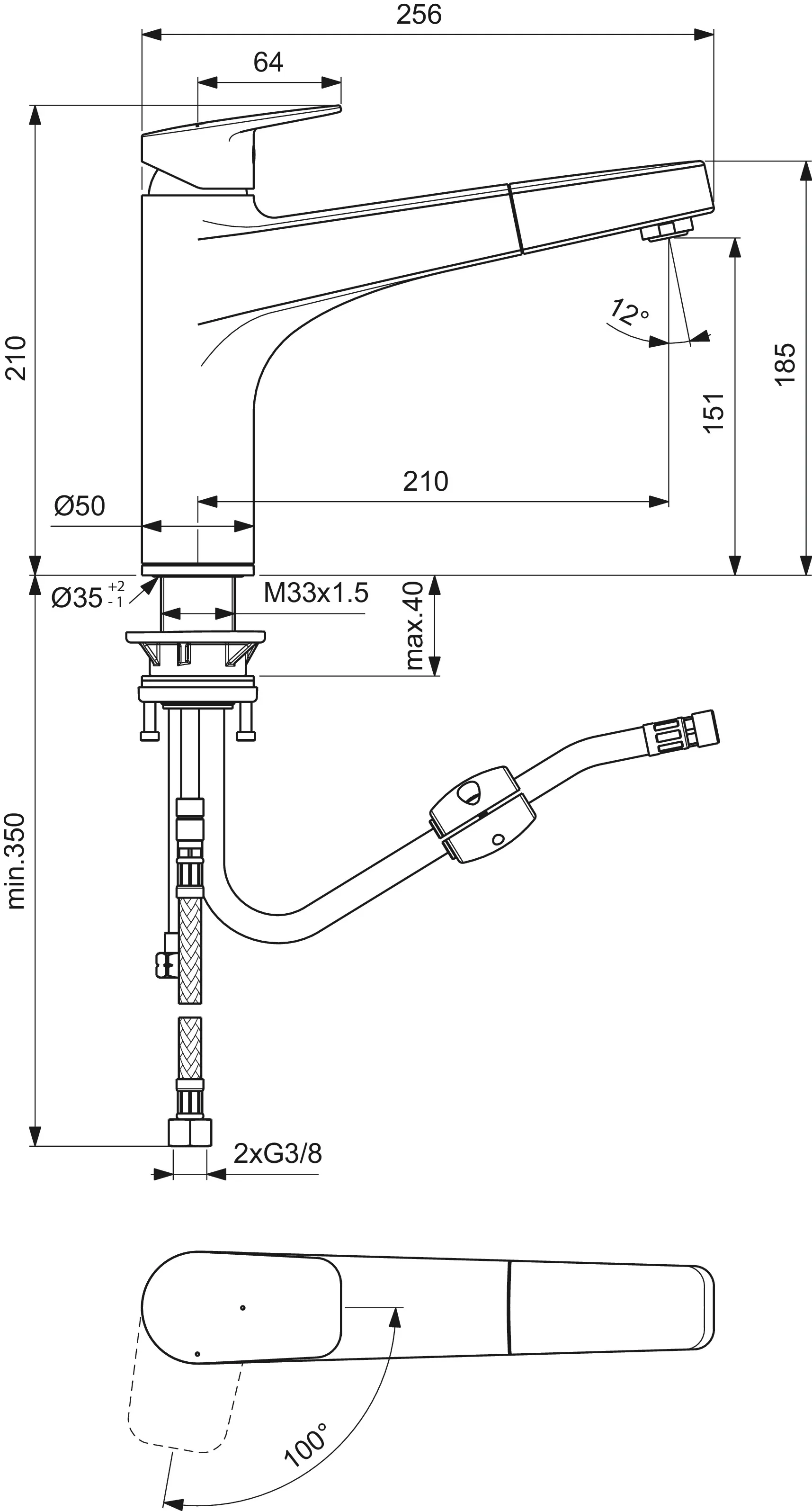 Küchenarmatur Ceraplan mit hohem Auslauf Ausladung 210mm 1-Funktions-Handbrause BlueStart Chrom