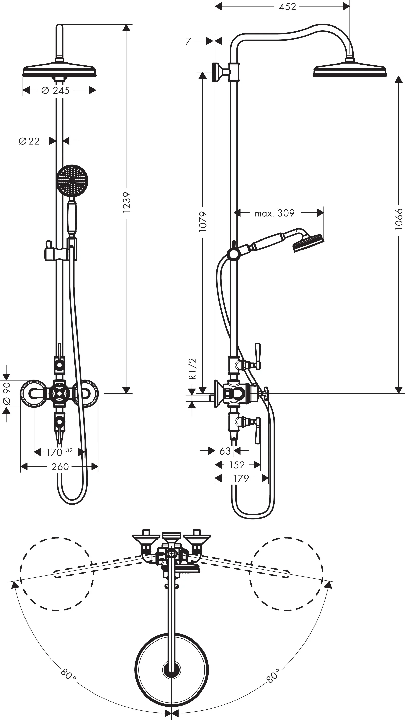 Hansgrohe AXOR Montreux Showerpipe mit Thermostat und Hebelgriff, Chrom, Brausekopfgröße 240 mm, Brausearmlänge 450 mm