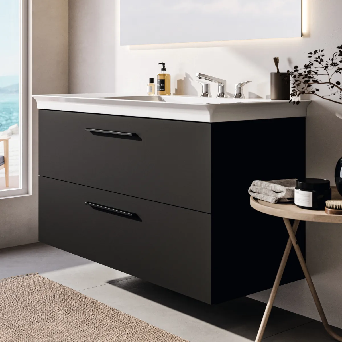 Möbelwaschtischunterschrank i.life B 2 Auszüge Siphonausschnitt auf der rechten Seite 1200x505x630mm Weiß matt Möbelwaschtischunterschrank i.life B 2 Auszüge Siphonausschnitt auf der rechten Seite 1200x505x630mm Weiß matt