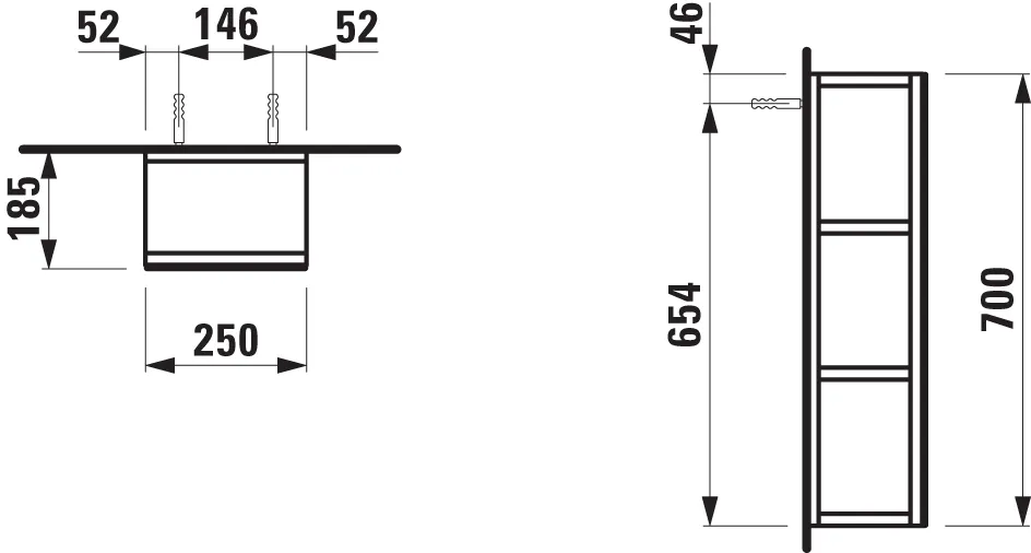 Offenes Spiegelelement BASE 185x250x700 2 Ablagen (fixiert) weiß matt