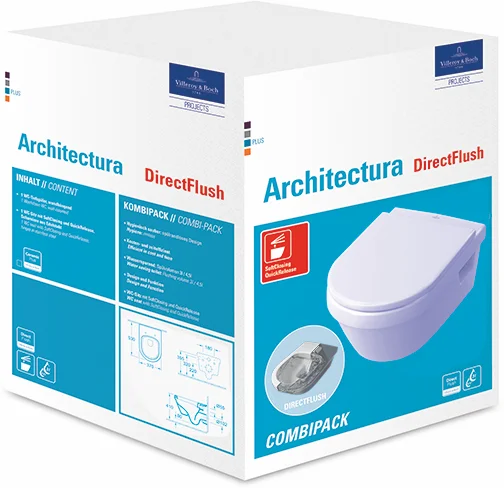 Wand-Tiefspül-WC Combi-Pack DirectFlush „Architectura“ 37 × 33 × 53 cm in Weiß Alpin, ohne Spülrand, Abgang waagerecht