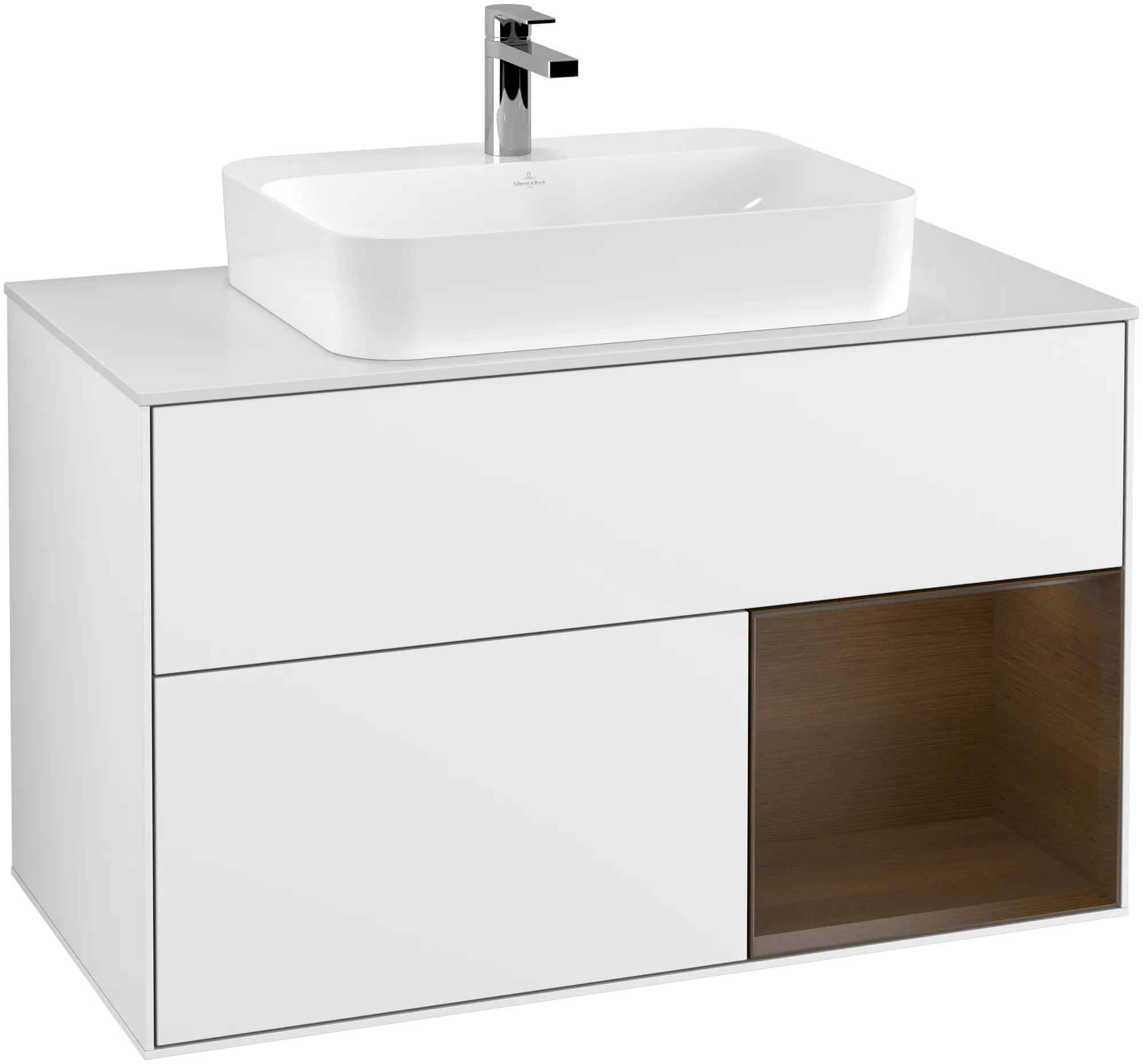 Villeroy & Boch Finion Waschbeckenunterschrank G37 1000x603x501mm Glossy White Lacquer / Walnut Veneer / Glass White Matt
