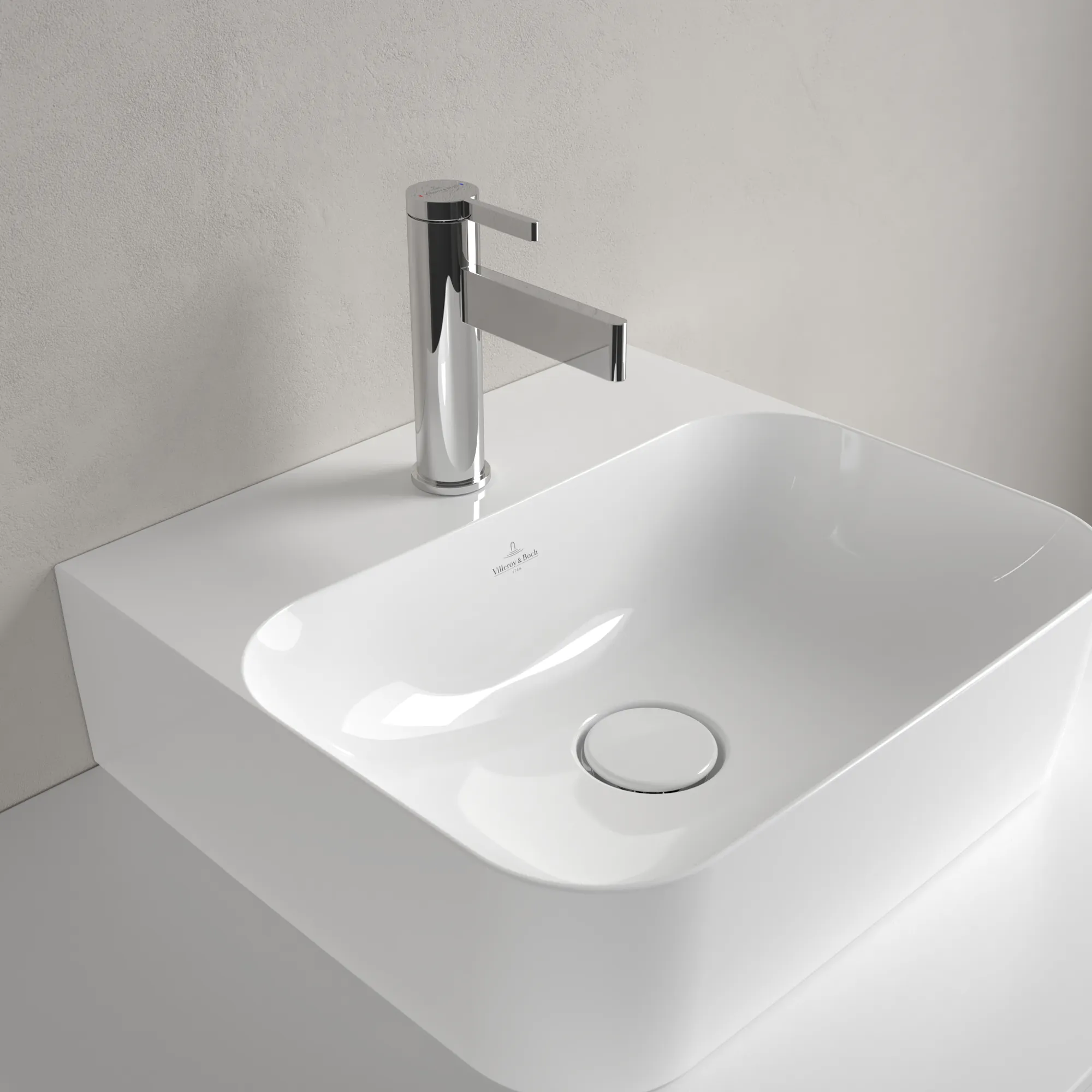 Villeroy & Boch Handwaschbecken aus TitanCeram geschliffen „Finion“ 430 × 390 × 140 mm, mit Hahnlochbohrung, Hahnlochposition mittig in Weiß Alpin, mit CeramicPlus Villeroy & Boch Handwaschbecken aus TitanCeram geschliffen „Finion“ 430 × 390 × 140 mm, mit Hahnlochbohrung, Hahnlochposition mittig in Weiß Alpin, mit CeramicPlus