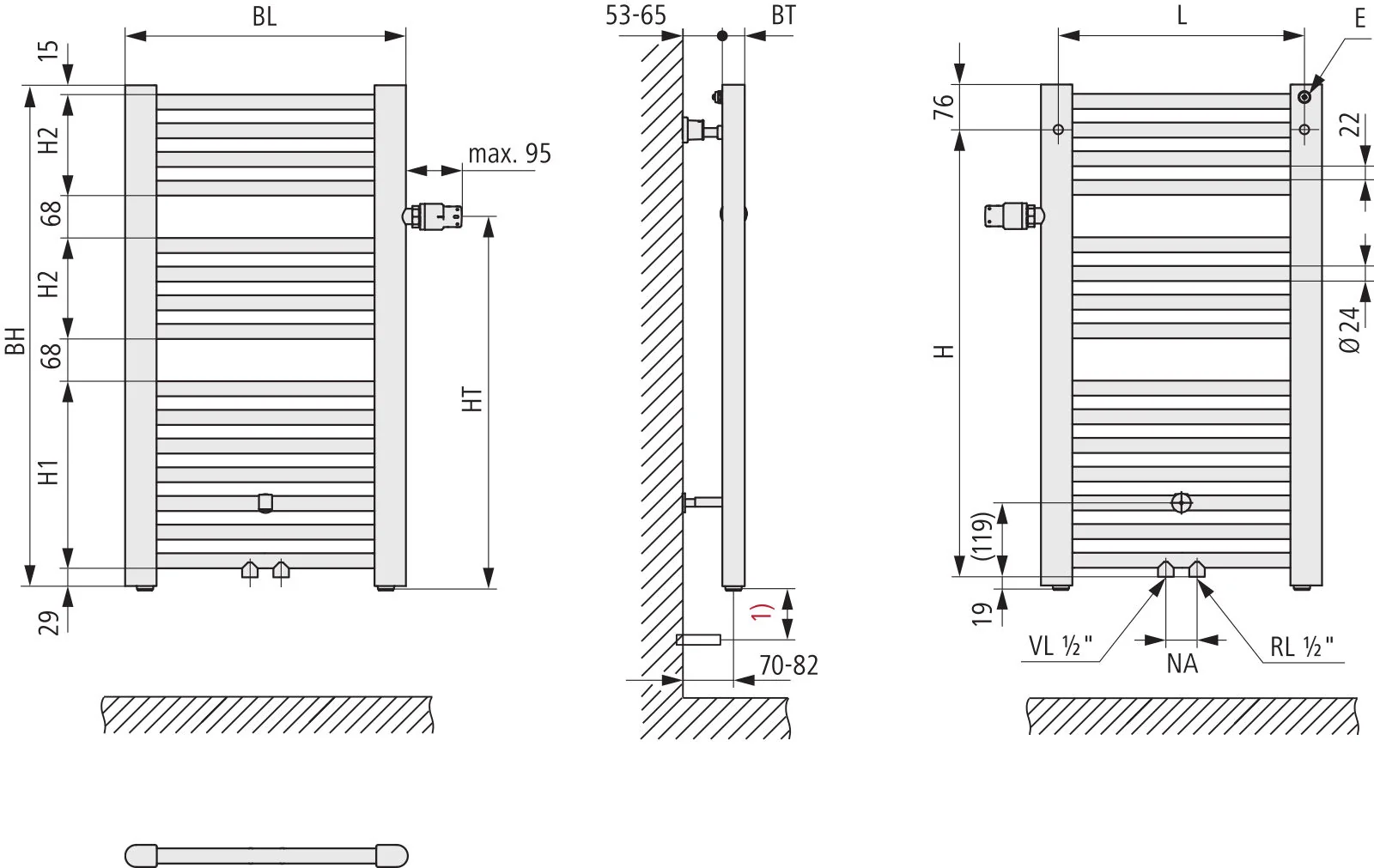 Kermi Basic plus Bad- und Wohnheizkörper, 1172x450x35 mm, weiß RAL 9016 seidenglanz, Ventil rechts, 511 W