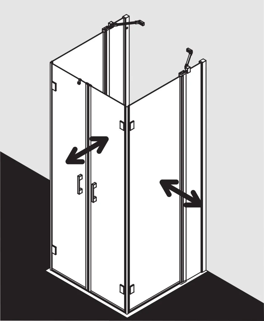 Kermi Duschdesign U-Form-Duschkabine Pendel-Falttüren mit Festfeldern / Festfeld für Nische und Ecke „LIGA“, Drehtür zweiteilig Glas Klar, Profile Silber Hochglanz, BV: 735 - 760 mm H: 1850 mm