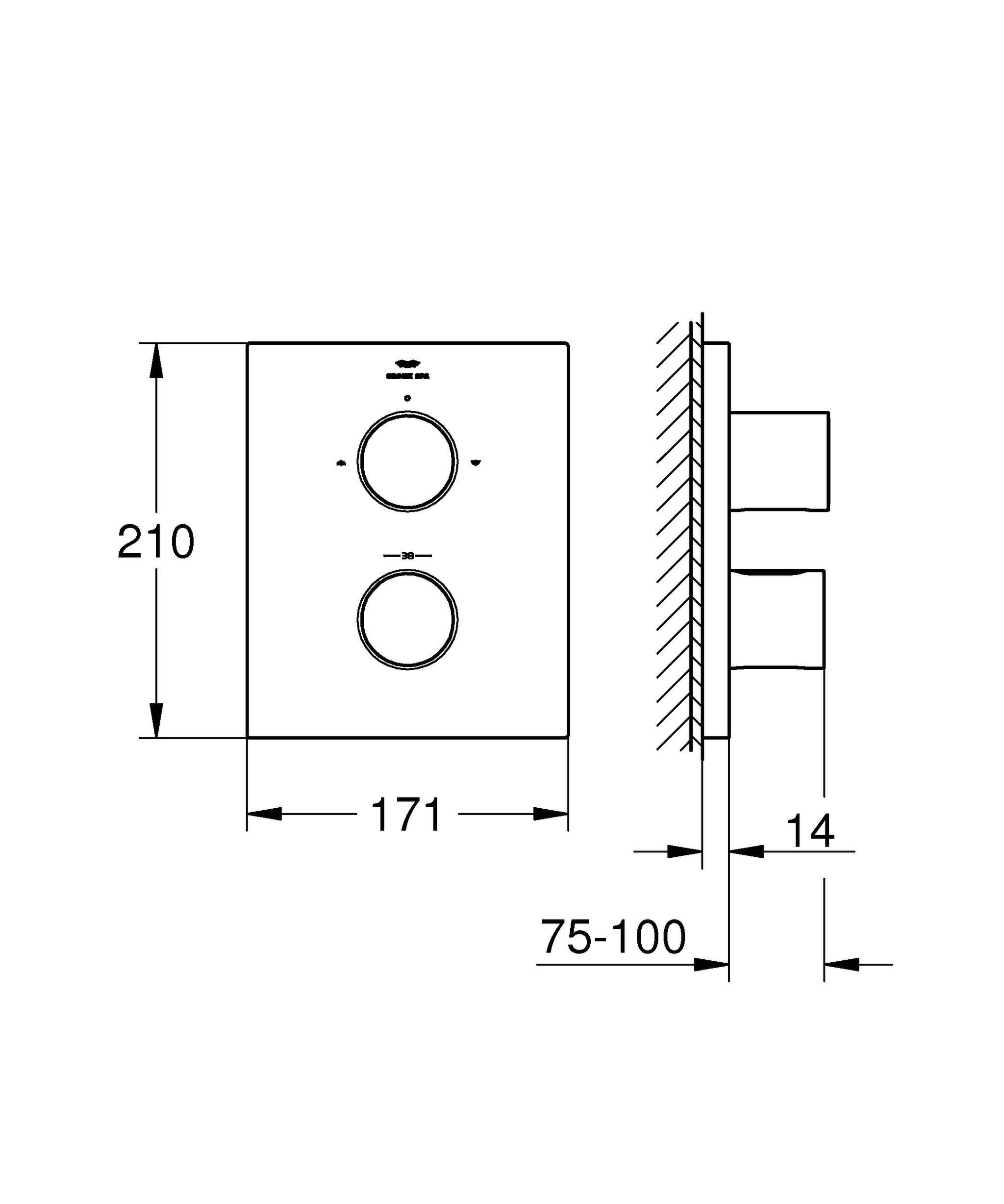 Thermostat Grohtherm F 27618, mit integrierter 2-Wege Umstellung, für Wanne oder Brause mit mehr als einem Abgang, Fertigmontageset für Rapido T 35 500, ohne Unterputz-Einbaukörper, chrom