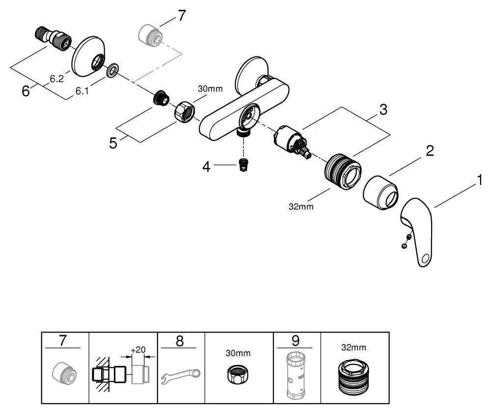 EH-Brausebatterie Euroeco 32740_1, Wandmontage, Temperaturbegrenzer, S-Anschlüsse, eigensicher, chrom