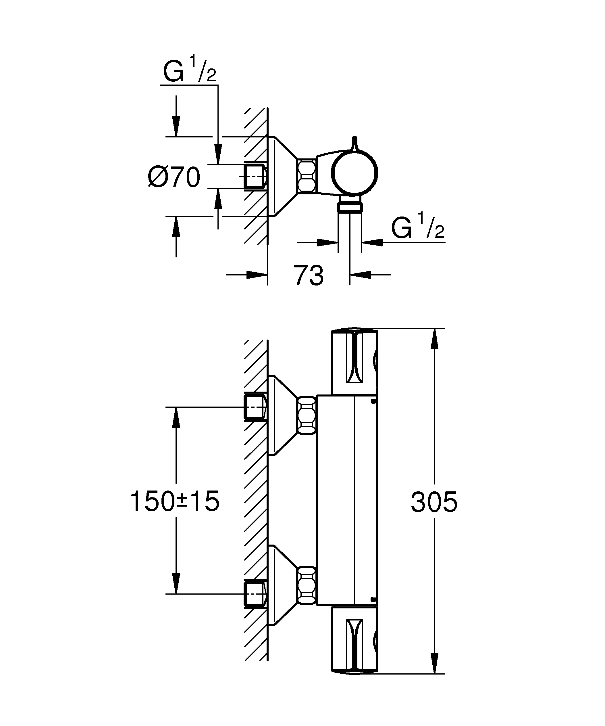 Thermostat-Brausebatterie Grohtherm 800 34558, Wandmontage, eigensicher, chrom