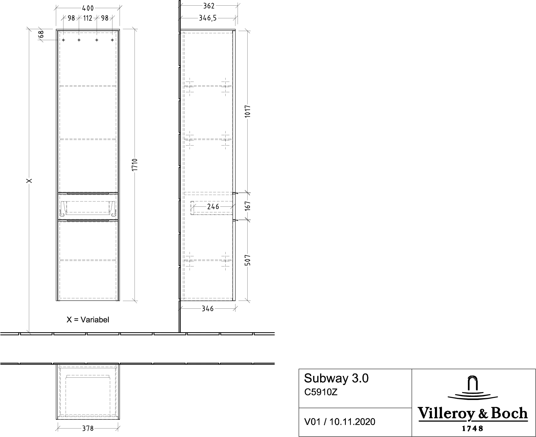 Villeroy & Boch Hochschrank mit Schublade „Subway 3.0“ 40 × 171 × 36,2 × 36,2 cm 2 Türen, 1 Auszug, 1 × fixer Fachboden, Anschlag: rechts, 3 × Glasfachboden, 2 Türen, Anschlag rechts