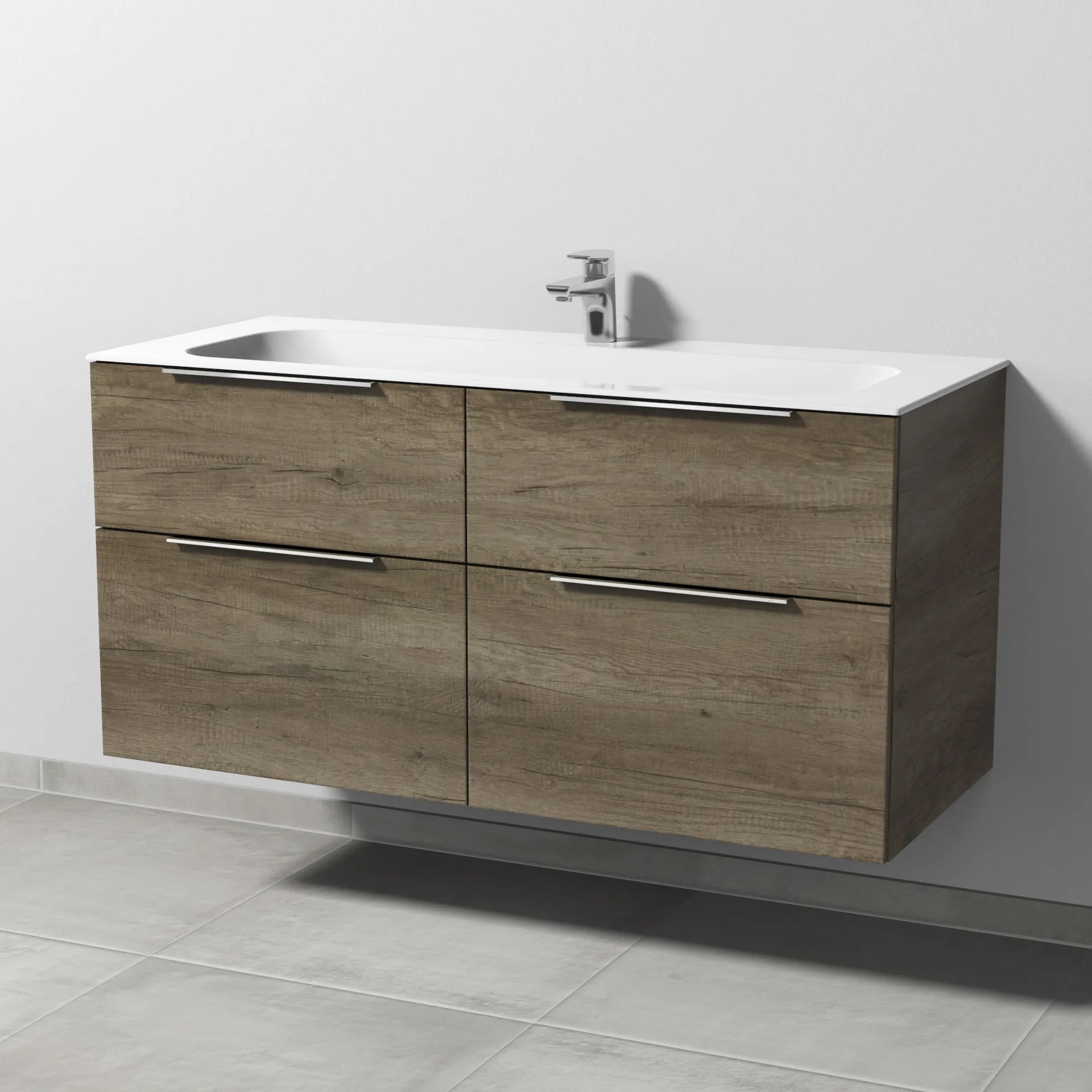 Keramik-Waschtisch-Set mit Waschtischunterschrank „3way“ 119 × 49,7 × 58,2 cm in Eiche Nebraska, mit Hahnlochbohrung, Becken mittig Keramik-Waschtisch-Set mit Waschtischunterschrank „3way“ 119 × 49,7 × 58,2 cm in Eiche Nebraska, mit Hahnlochbohrung, Becken mittig