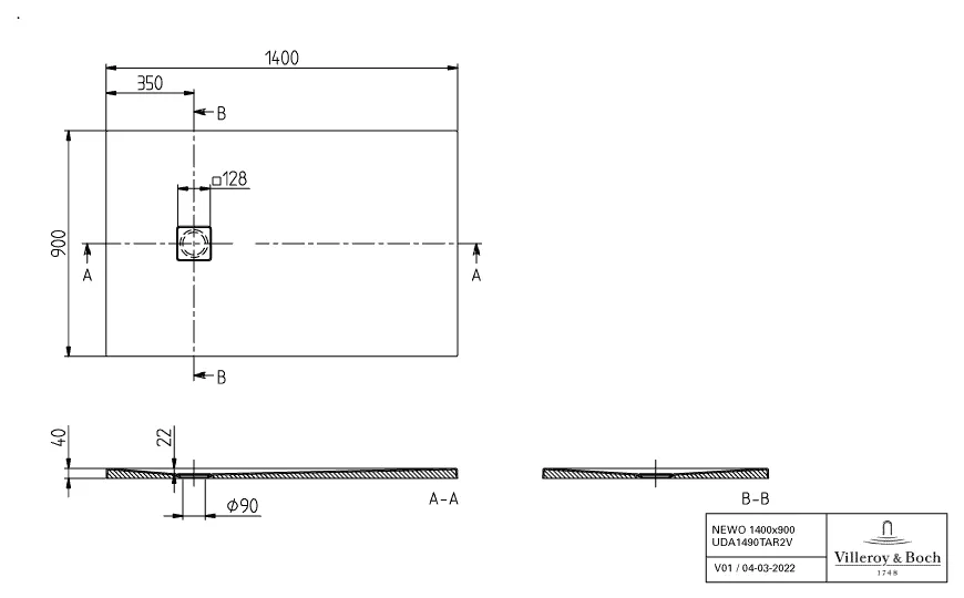 Villeroy & Boch rechteck Duschwanne Flächenbündiger Einbau „Newo“ 140 × 90 cm ohne Oberflächenbeschichtung, in Weiß Alpin