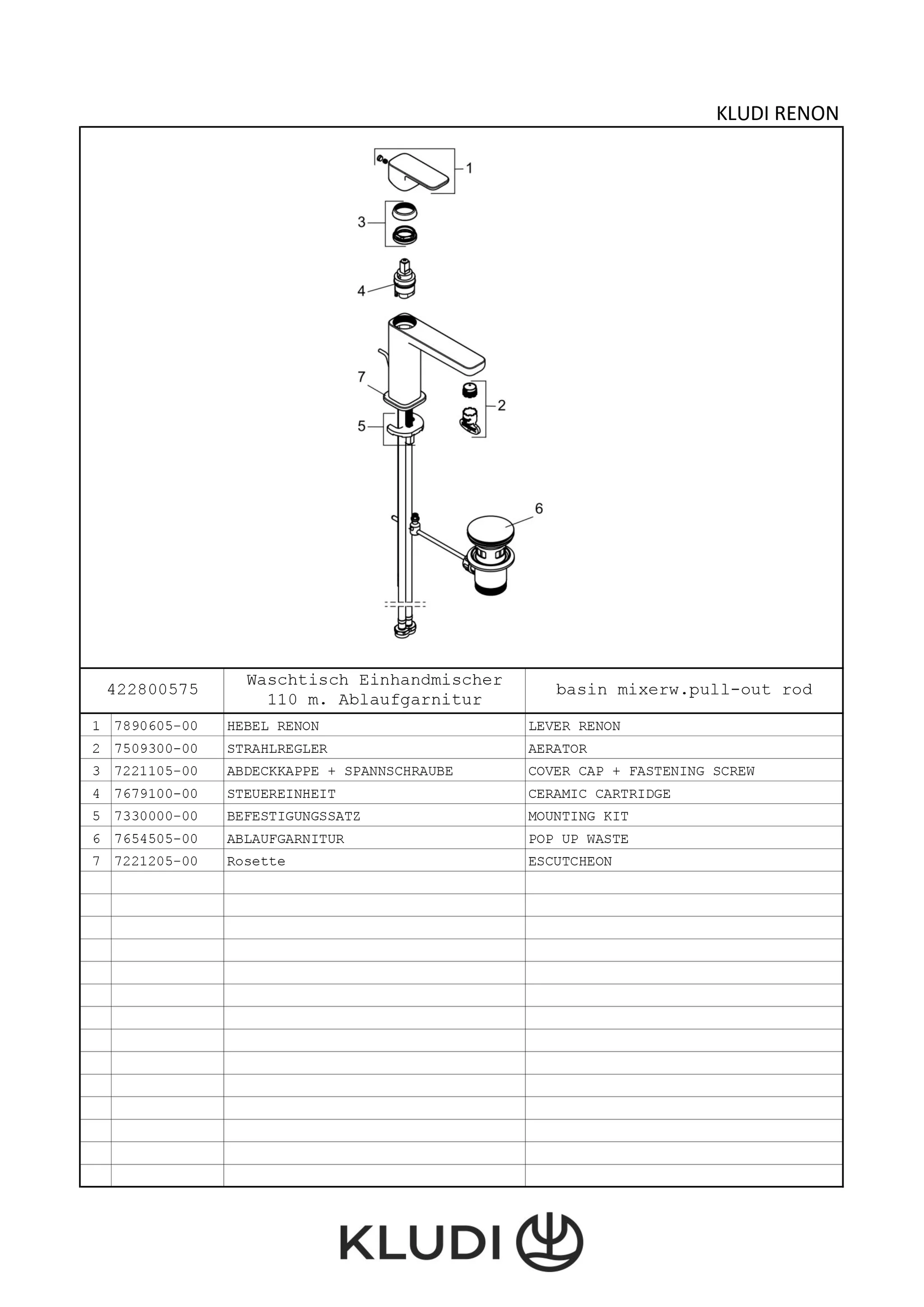 Kludi-RENON Waschtisch-Einhandmischer 110 DN 15, chrom, 4,5 l/min, DVGW-zugelassen, Schnell-Montagesystem