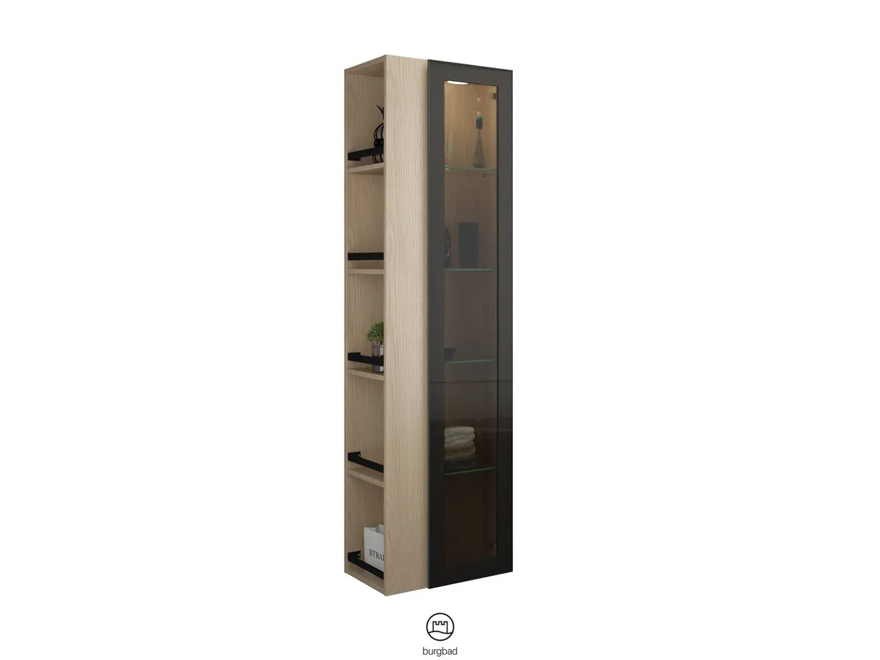 Hochschrank, 1 Alurahmentür mit Rauchglaseinsatz in Bronze;4 Glaseinlegeböden;LED-Innenbeleuchtung, 5 W, 4000 K;Energieeffizienzklasse F;für Raumschaltung;offenes Regal mit 4 Einlegeböden;IP20, Tiefe: 320 mm, Breite: 500 mm, Höhe: 1760 mm