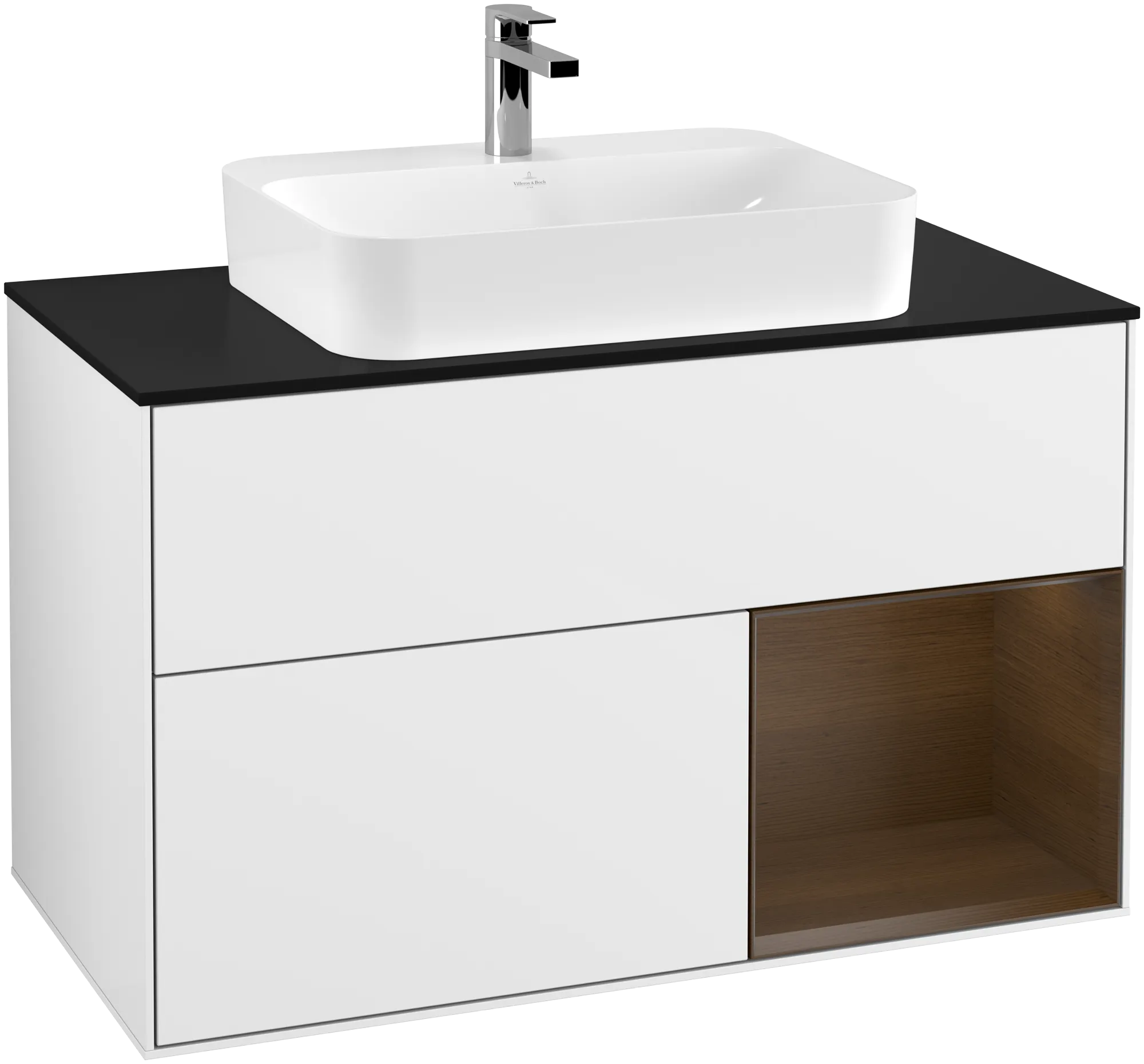 Villeroy & Boch Finion Waschbeckenunterschrank F37 1000x603x501mm Glossy White Lacquer / Walnut Veneer / Glass Black Matt