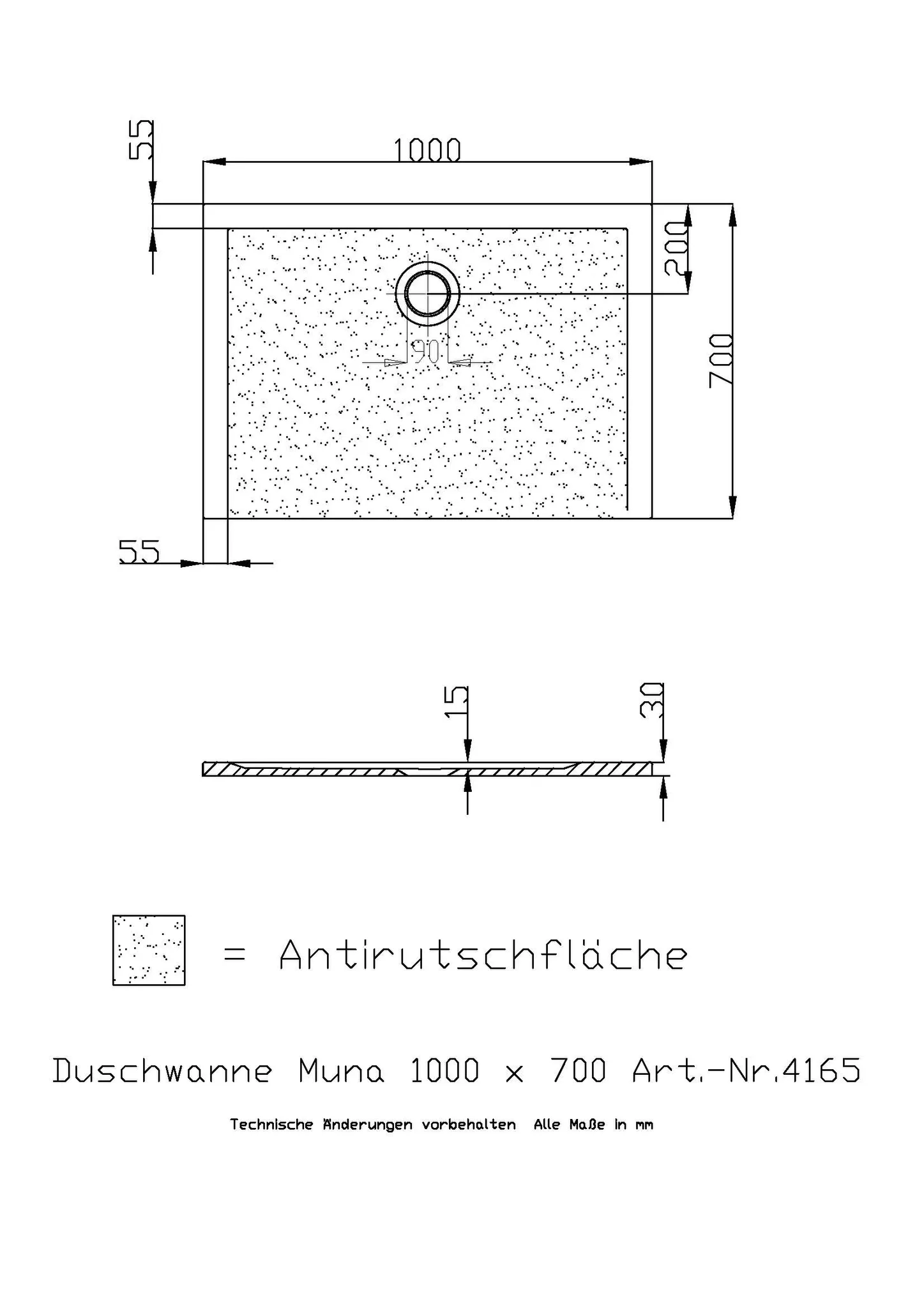 Hoesch Muna Duschwanne 1000x700x30, Mineralguss Solique, Weiß