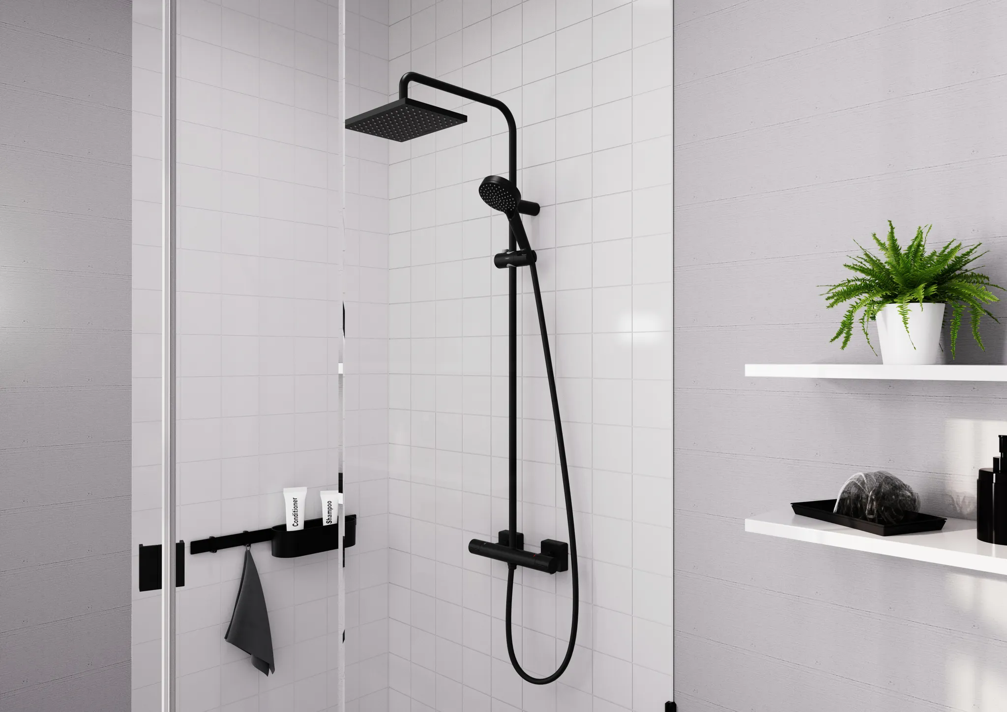 Hansgrohe Vernis Shape Showerpipe 230 1jet EcoSmart mit Thermostat, Mattschwarz Hansgrohe Vernis Shape Showerpipe 230 1jet EcoSmart mit Thermostat, Mattschwarz