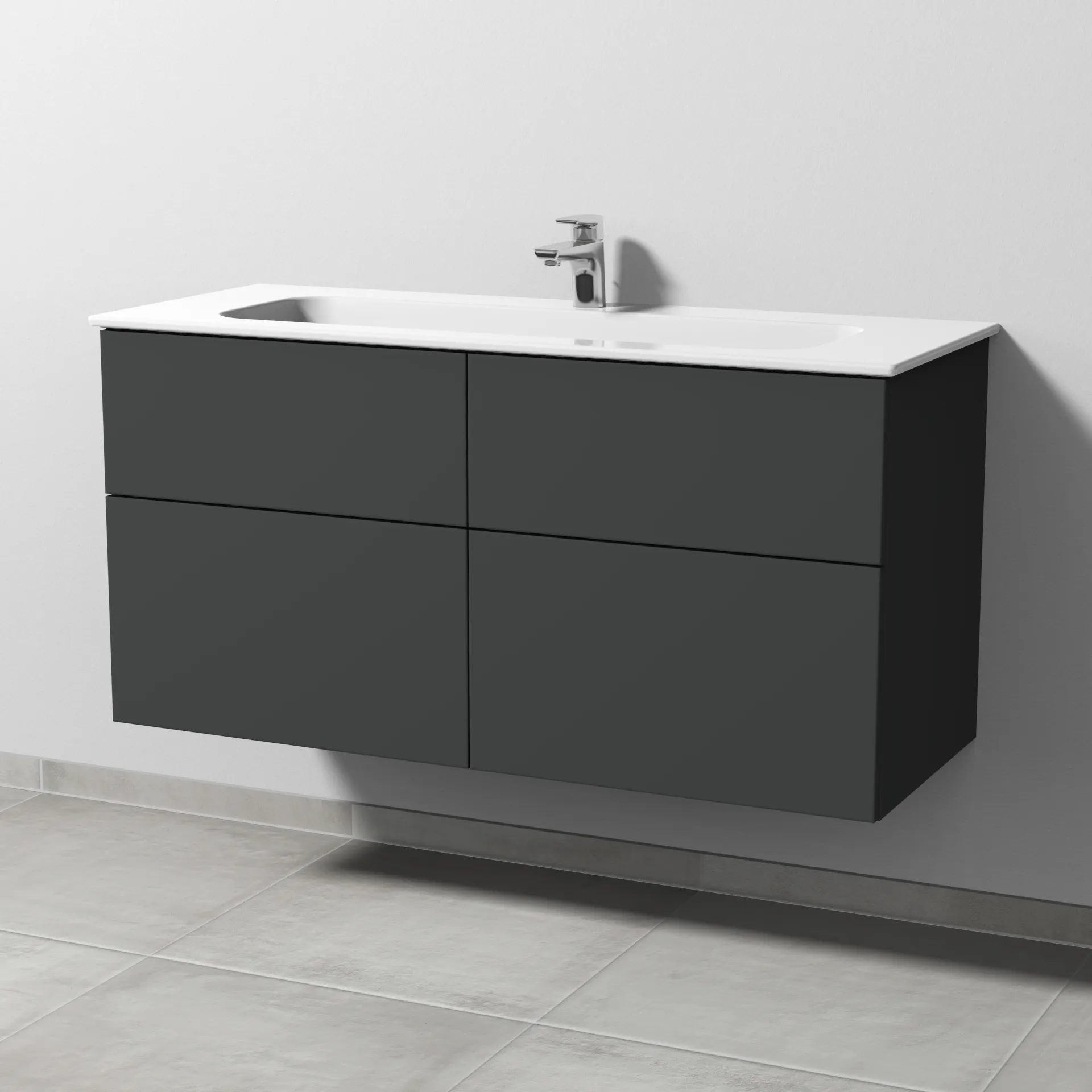 Keramik-Waschtisch-Set mit Waschtischunterschrank „3way“ 117 × 46 × 58,2 cm in Graphit (matt), mit Hahnlochbohrung, Becken mittig Keramik-Waschtisch-Set mit Waschtischunterschrank „3way“ 117 × 46 × 58,2 cm in Graphit (matt), mit Hahnlochbohrung, Becken mittig