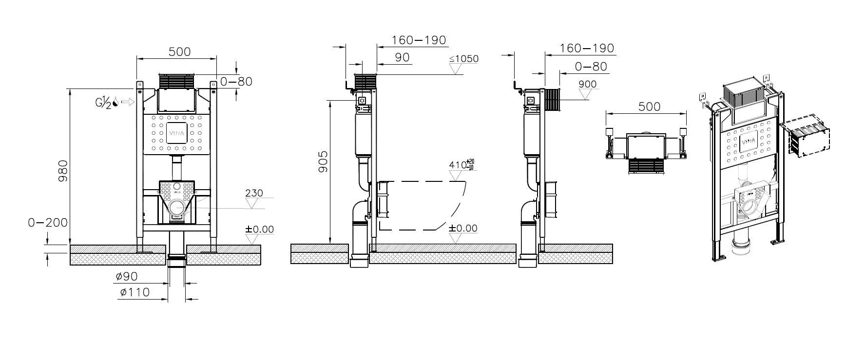 VitrA V-Fix Unterputzspülkasten-Modul für Wand-WCs und Wand-Dusch-WCs Rahmenhöhe 98 cm