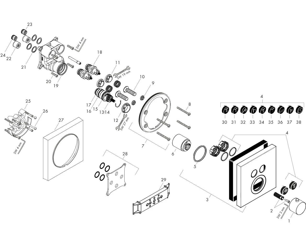 Thermostat UP Axor ShowerSelect Fertigset 2 Verbraucher quadratisch chr.