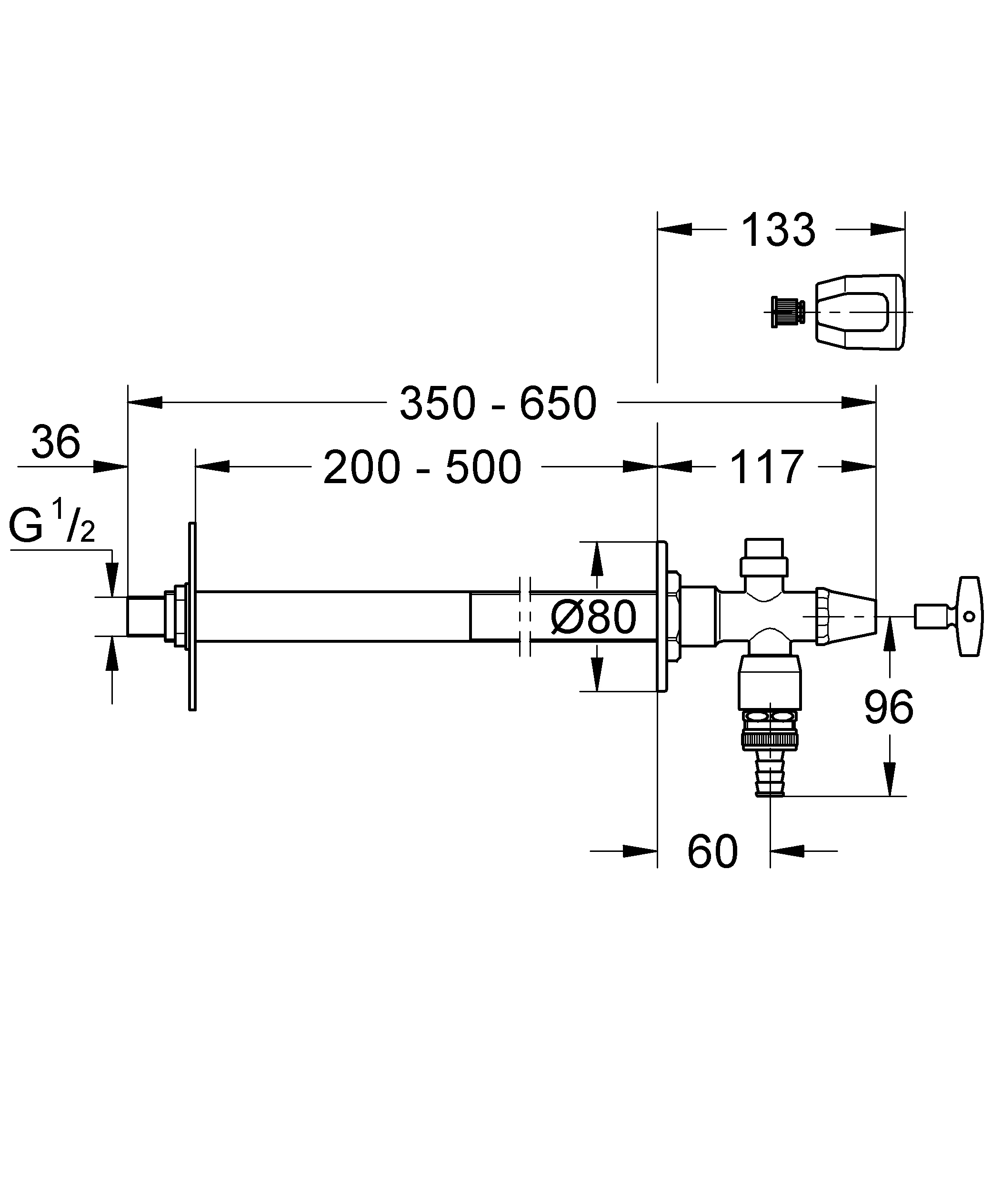 Außenwandventil-Bausatz Eurotec 41206, DN 15, Einbautiefe 170 - 500 mm, frostsicher, Sicherungseinrichtung Typ HD, Steckschlüssel- und Sanitärgriff, eigensicher, chrom