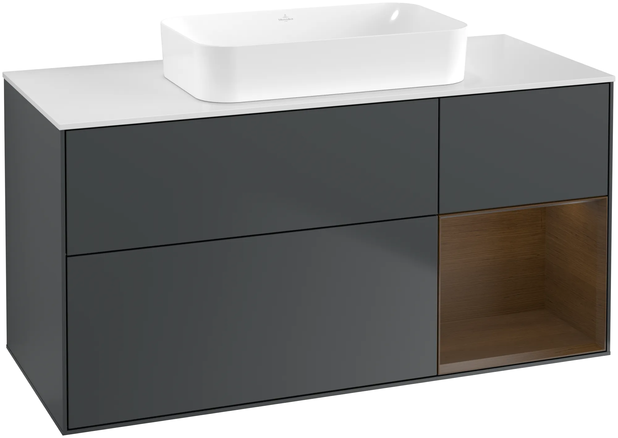 Villeroy & Boch Finion Waschbeckenunterschrank G71, Midnight Blue Matt Lacquer / Walnut Veneer / Glass White Matt