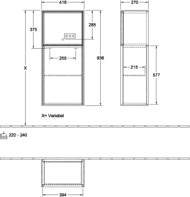 Villeroy & Boch Seitenschrank „Finion“ 41,8 × 93,6 cm 1 Tür, Anschlag links, mit Regalelement-Beleuchtung Anschlag links