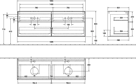 Villeroy & Boch Waschtischunterschrank „Finion“ für Schrankwaschtisch 160 × 60,3 × 50,1 cm 4 Schubladen, für 2 Waschbecken links und rechts