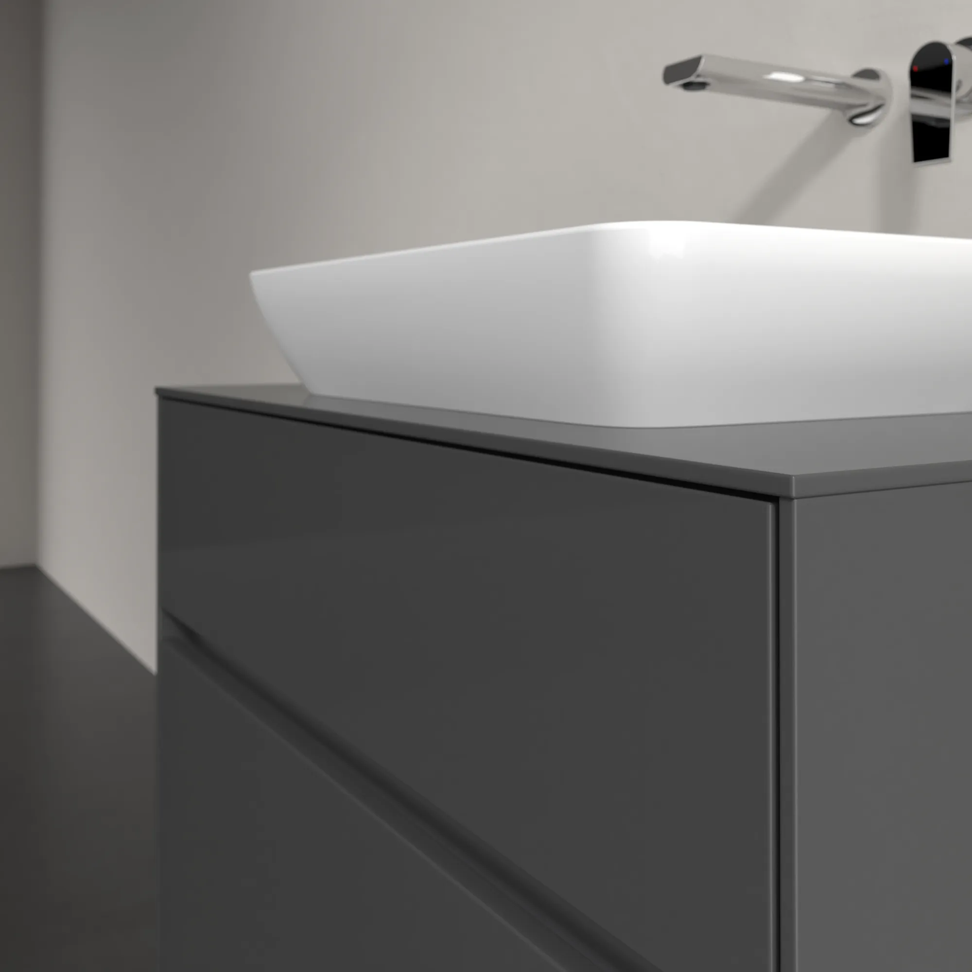 Villeroy & Boch Waschbeckenunterschrank Collaro C10800, Eckig Glossy Grey, 800x548x500mm, 39kg, Wandmontage, 2 Auszüge mit SoftClosing, 1 Waschbecken mittig