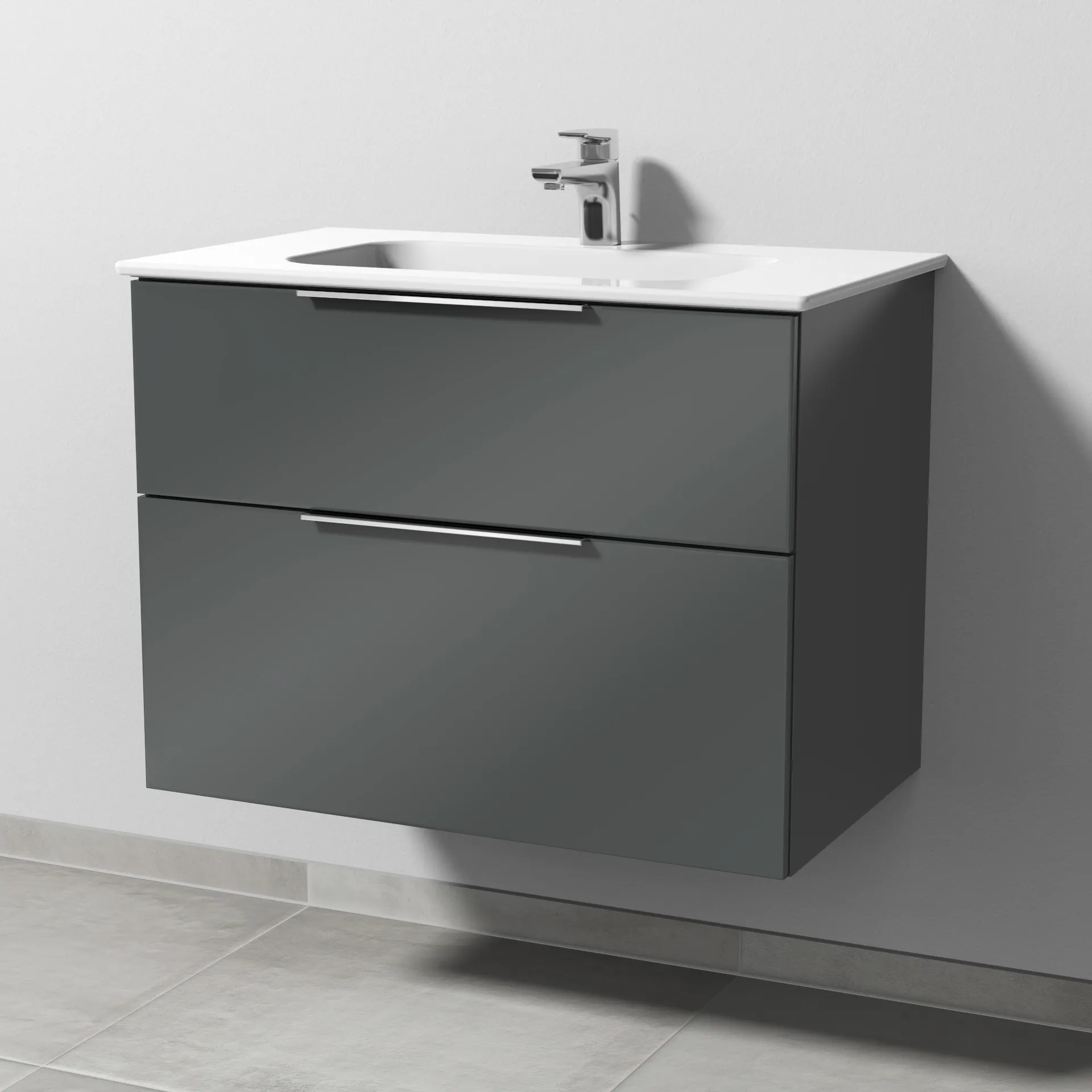 Keramik-Waschtisch-Set mit Waschtischunterschrank „3way“ 77 × 46 × 58,2 cm in Anthrazit (glanz), mit Hahnlochbohrung, Becken mittig