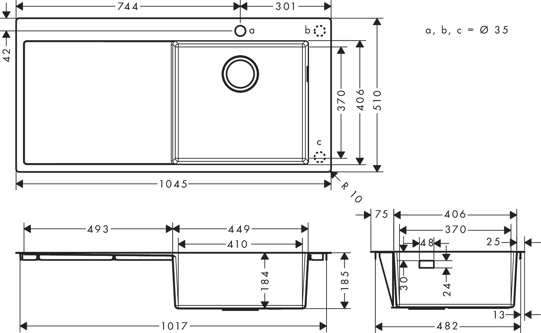 Hansgrohe Einbauspüle S71 Edelstahl, 450 mm, 1 Hauptbecken mit Abtropffläche, flach aufliegend oder flächenbündig