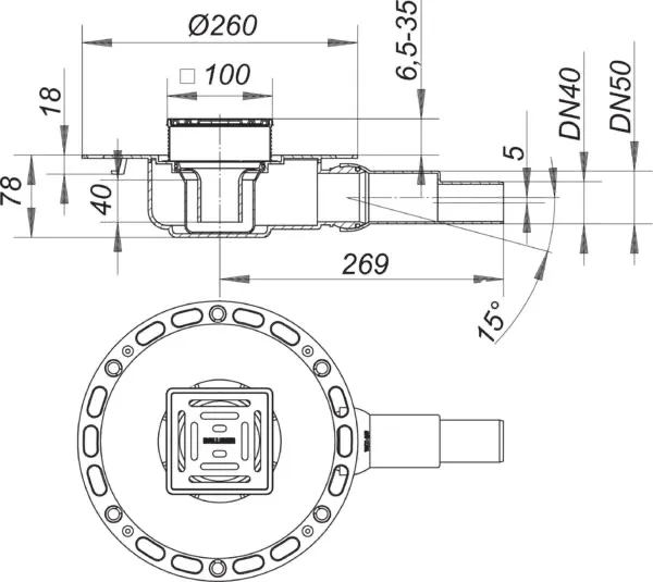 Bodenablauf TistoPlan VC 10, DN 40/ DN 50, 100 x 100 mm