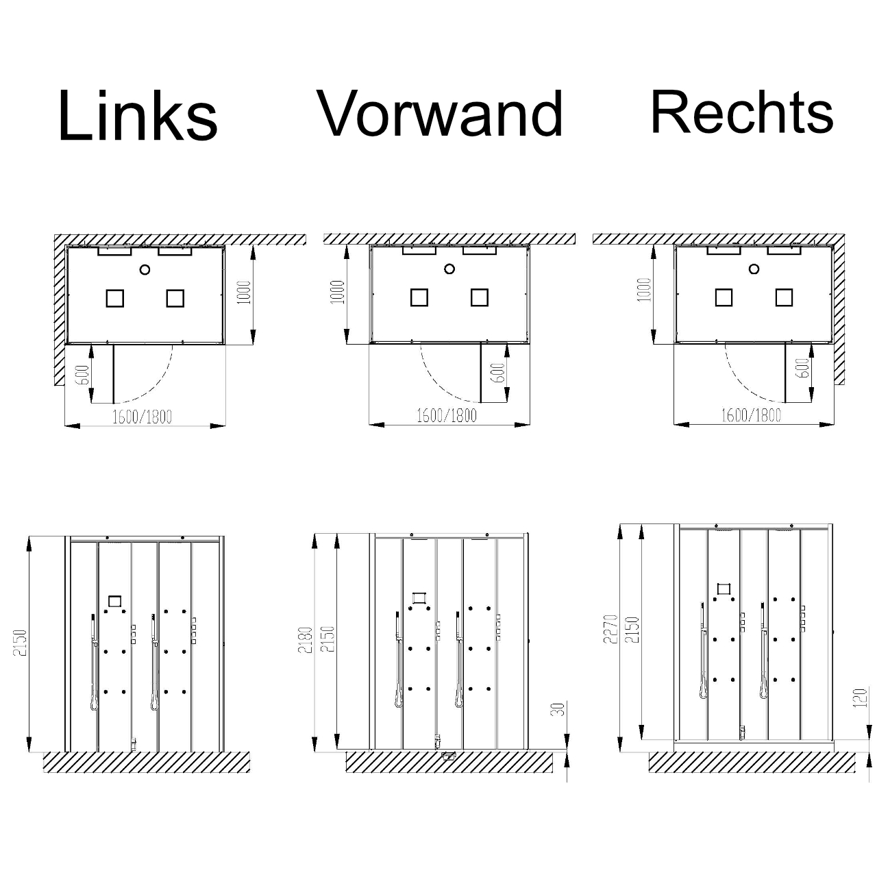 Dampfkabine SensePerience Rechteck 1600x1000 rechts bodenbündig, Wände Weiß