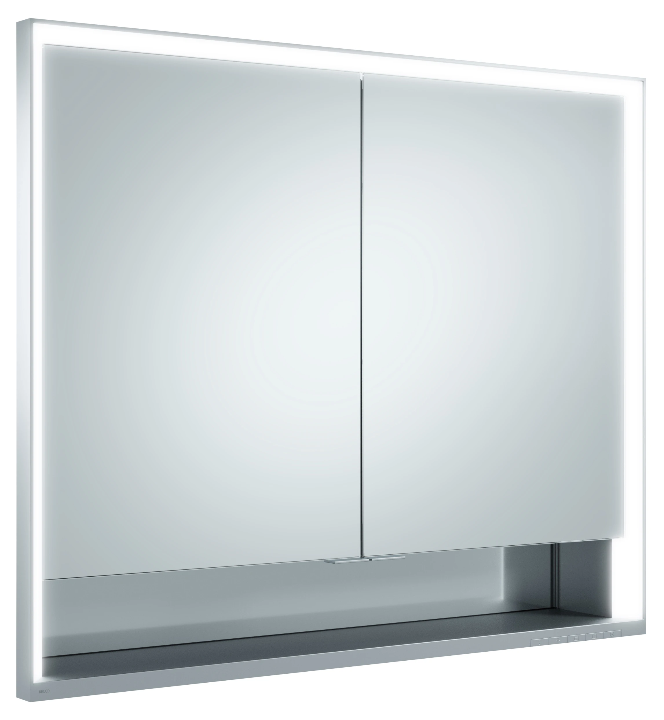 KEUCO Wandeinbau Spiegelschrank mit offenem Ablagefach „Royal Lumos“ in Silber (eloxiert), Unterputz, mit Steckdosen, mit Spiegelheizung 900 × 735 × 165 mm